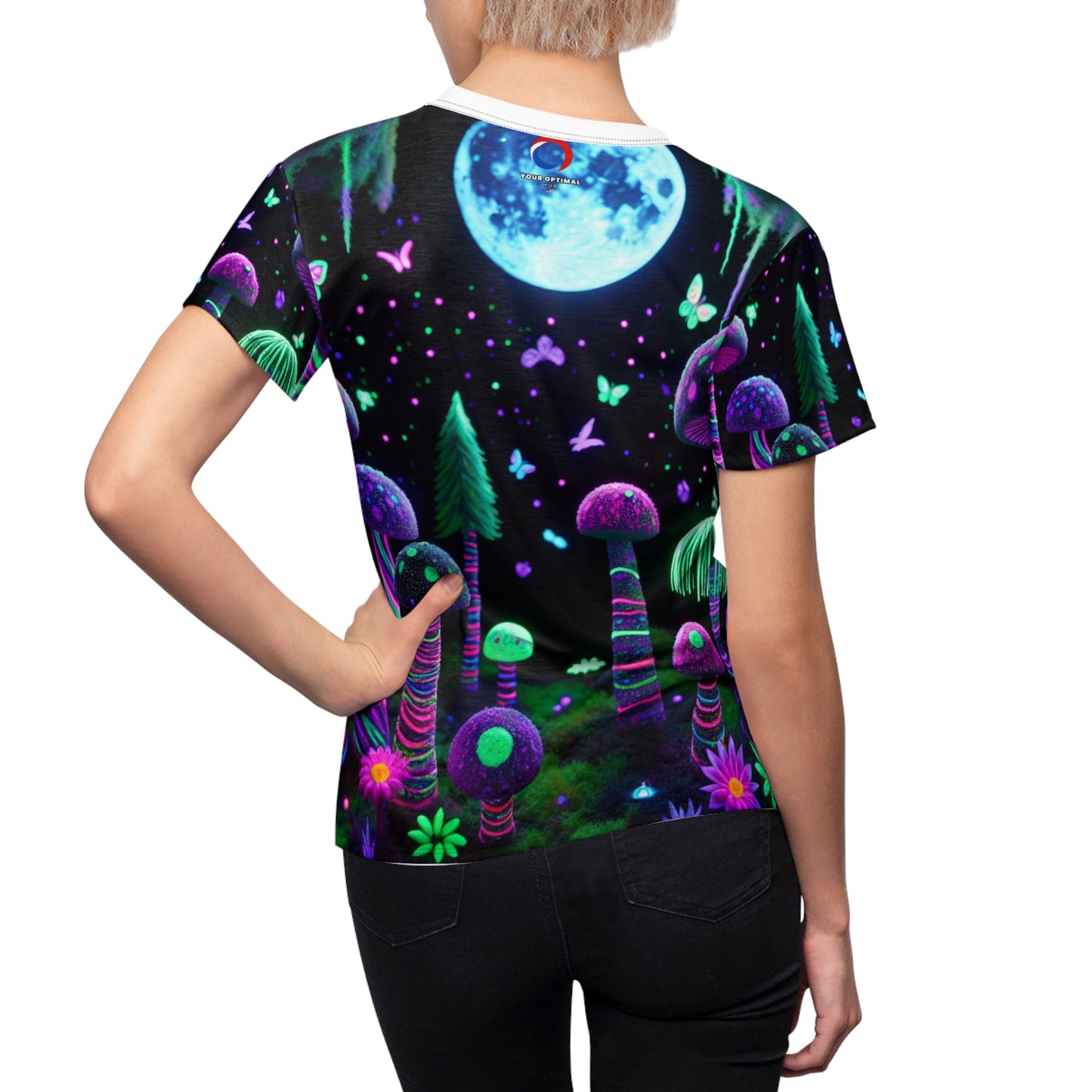 Fantastical Moonlit Forest T-Shirt - Blacklight Reactive - Neon Mushrooms, Glowing Flora, & Enchanted Fireflies - Women's Blacklight Tee