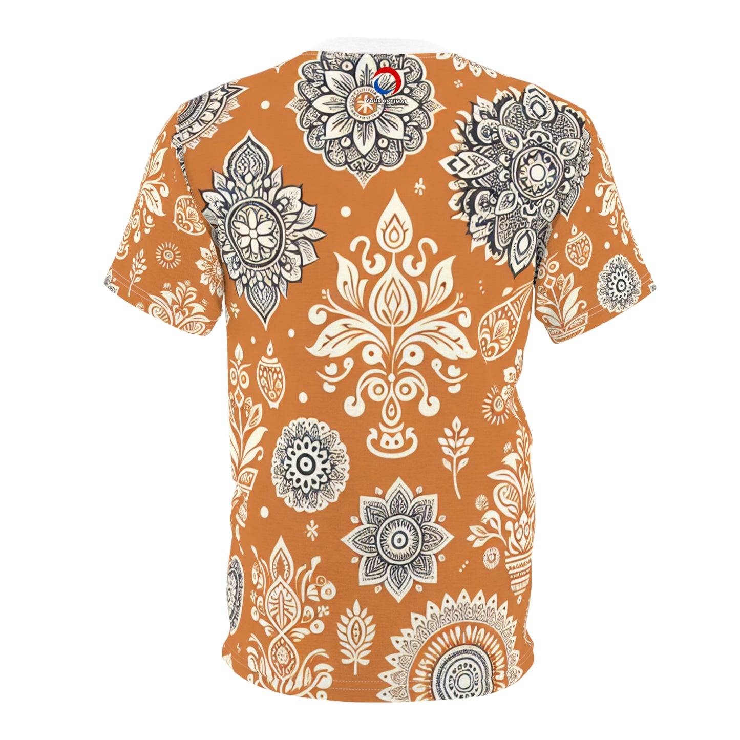 Traditional Indian Motif Print T-Shirt - Luxury Floral & Geometric Seamless Pattern - White on Orange - Modern Ethnic Décor Design Style
