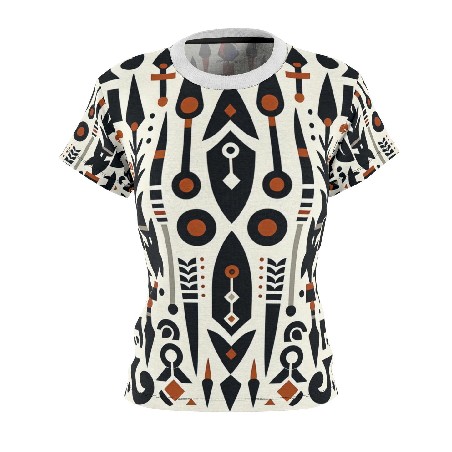 African Heritage Fusion Women's T-Shirt - Monochrome Modern Design with Vibrant Orange Accents, Indigenous Graphics - African Tribal Pattern-Inspired