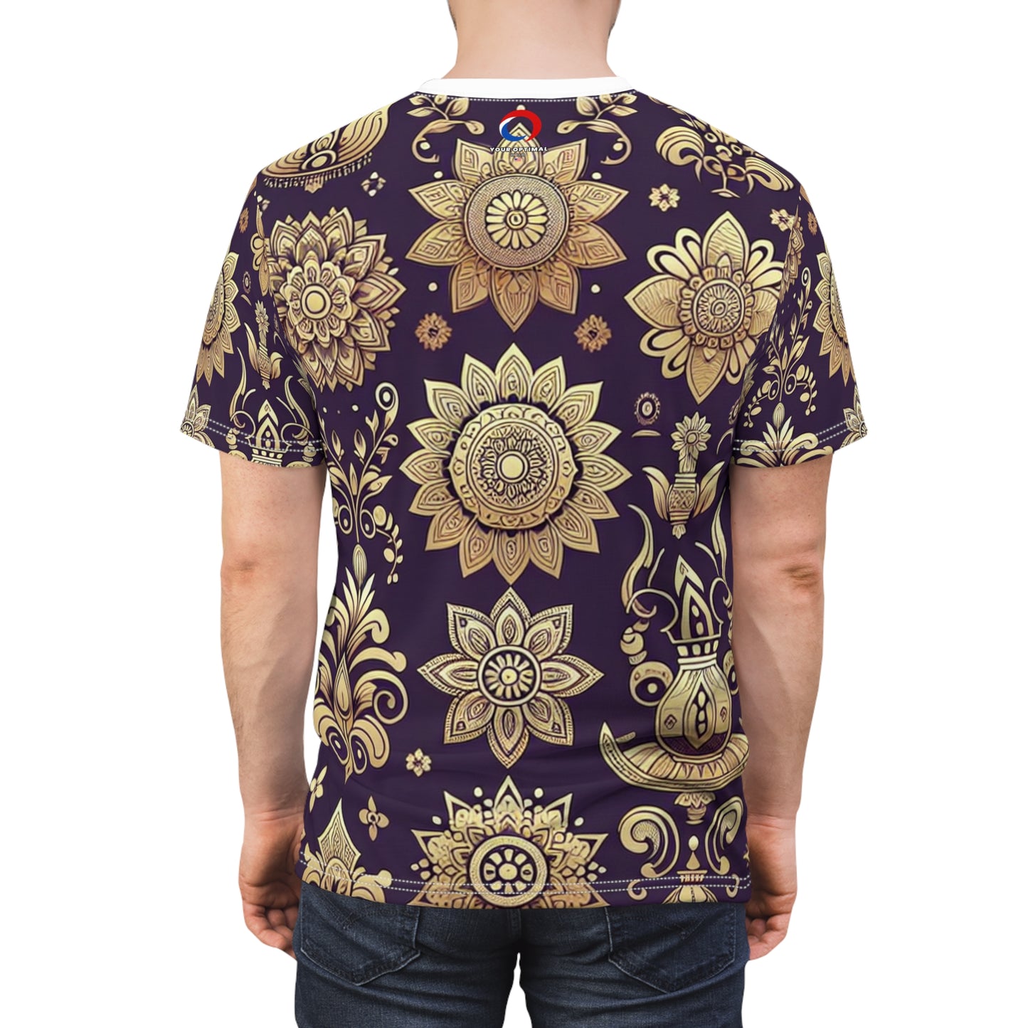 Traditional Indian Motifs Gold Reflections on Purple Seamless Pattern T-Shirt - Modern, Intricate Floral & Geometric Design Heritage Tee