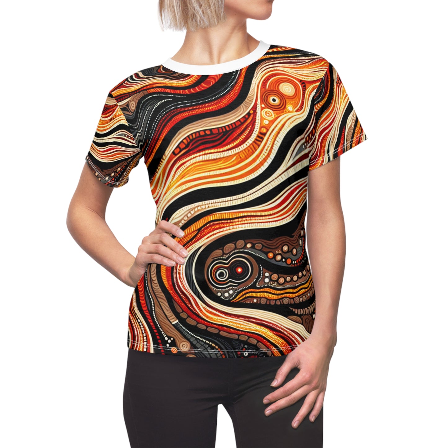 Volcanic Dream Dot Art Women's Tee - Aboriginal-Inspired Fiery Landscape Design in Vibrant Earthy Tones - Ancestral Connection Apparel