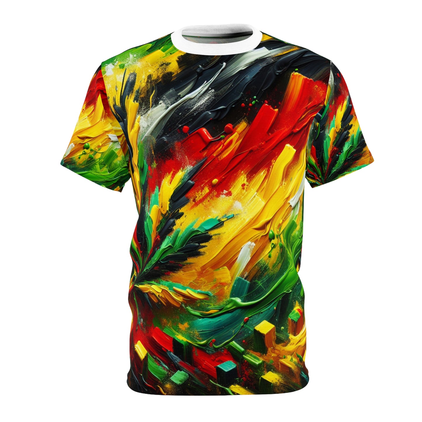 Rasta Essence Abstract Art Tee: Bold Impasto Paintwork, Unity & Freedom Theme - Rastafarian Abstract Pattern-Inspired Tee