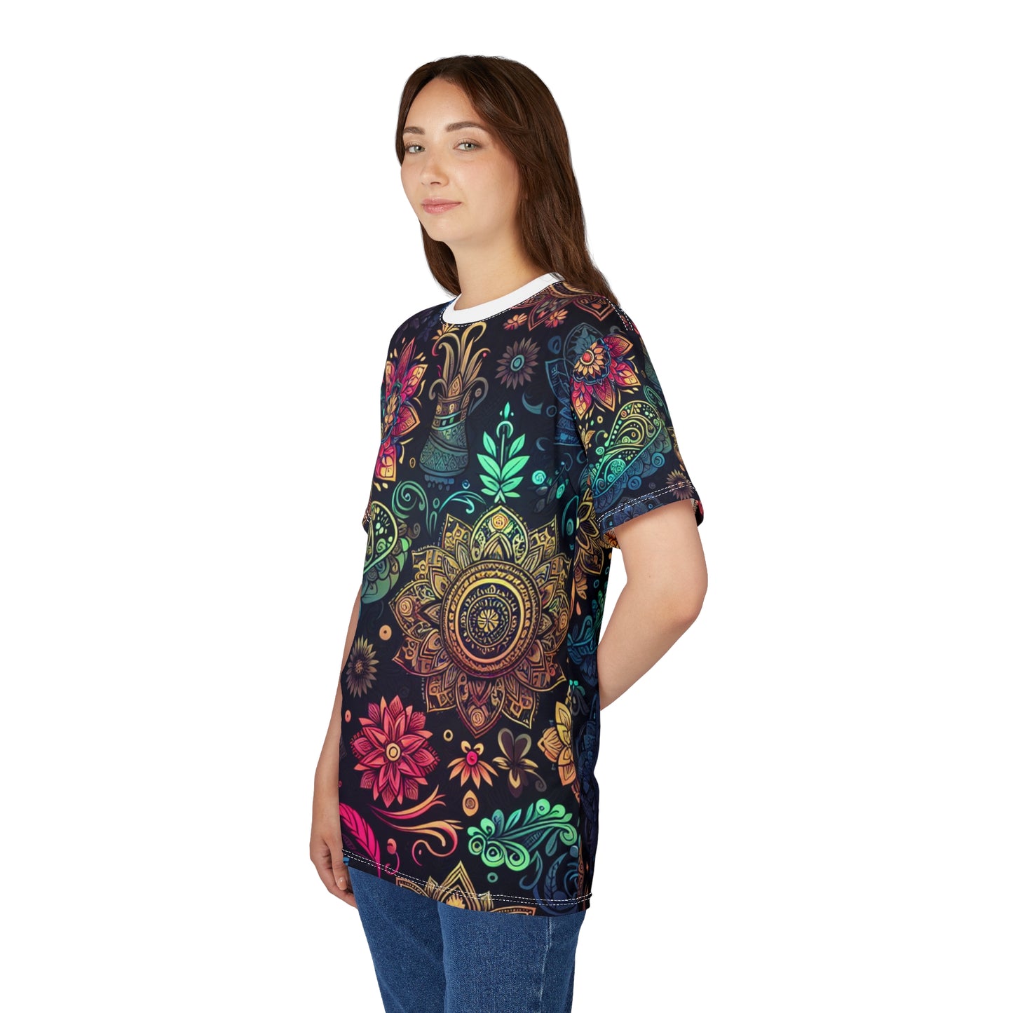 UV Reactive Indian Motif T-Shirt – Neon Bioluminescent Floral & Geometric Pattern on Black – Traditional Desi Style Glow Tee