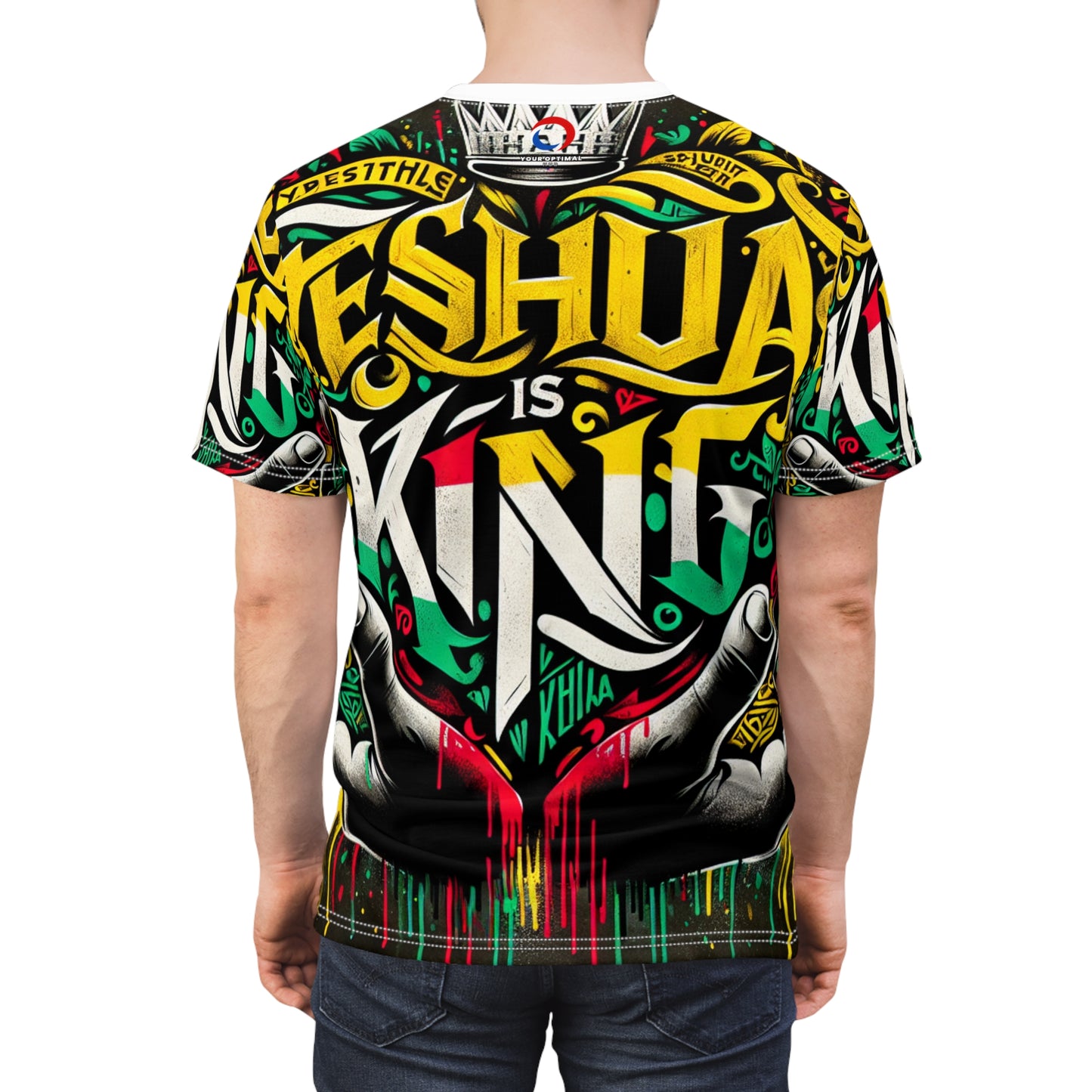 Yeshua is King Graffiti-Style Heart T-Shirt - Rasta Palette Bold Distressed Text, Expressive Faith-Inspired Art - Rastafarian Art-Inspired Tee