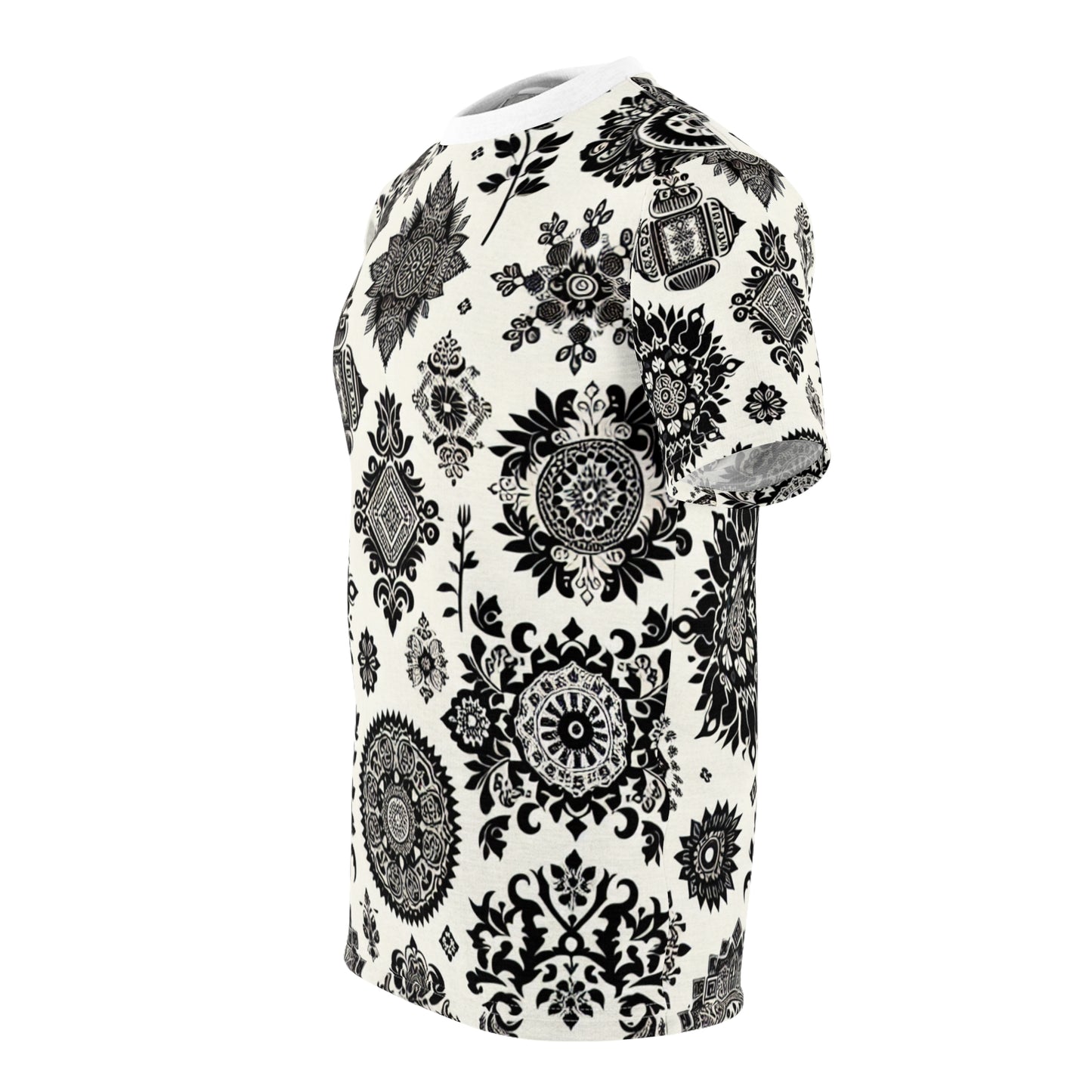 Traditional Indian Motifs Collection: Black & White Geometric & Floral Seamless Patterned T-Shirt - Intricately Crafted with Modern Minimal Aesthetic