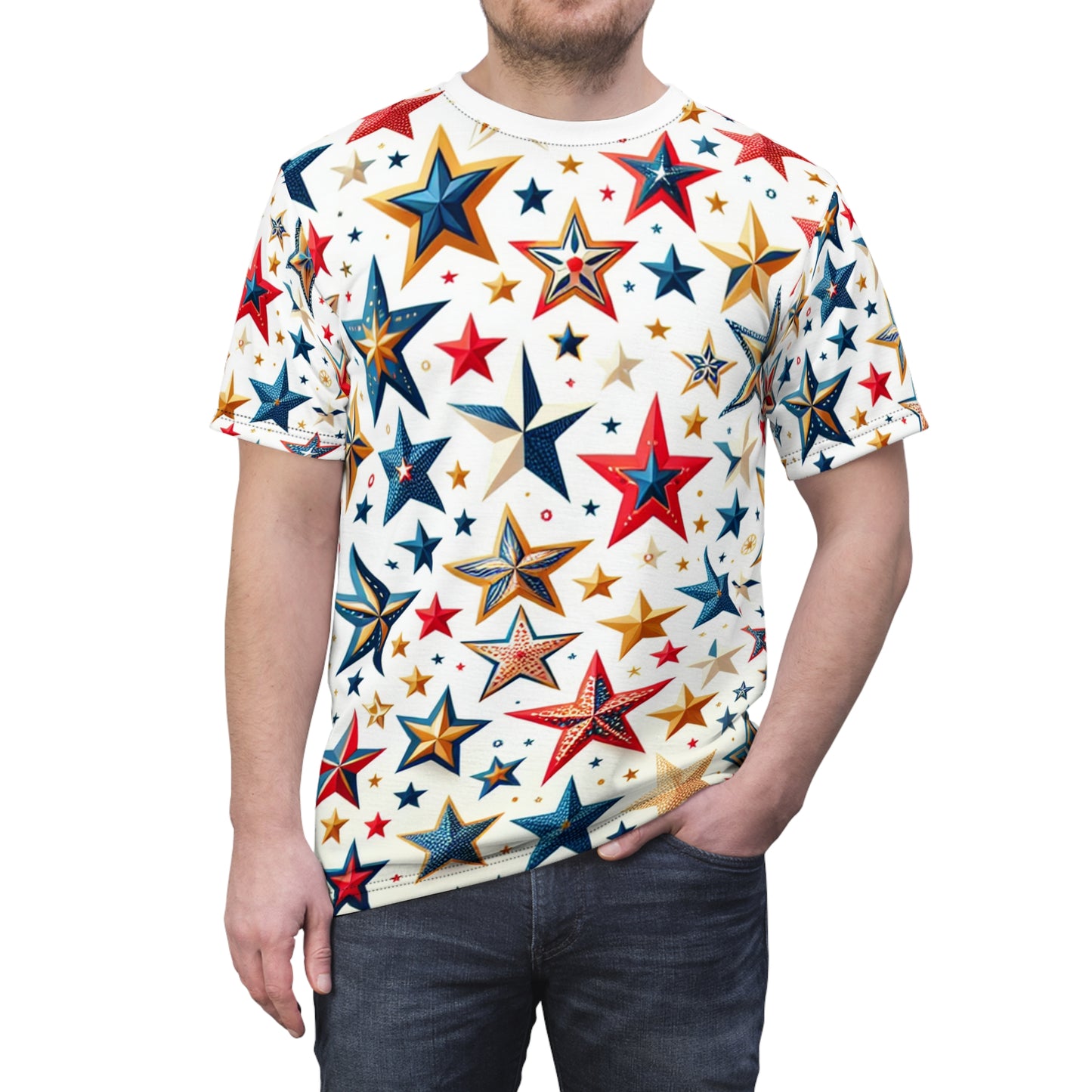 Independence Day Celebration: Festive Multi-Size, Multi-Color Star Pattern on White | Patriotic Party Tee | Patriotic Streetwear