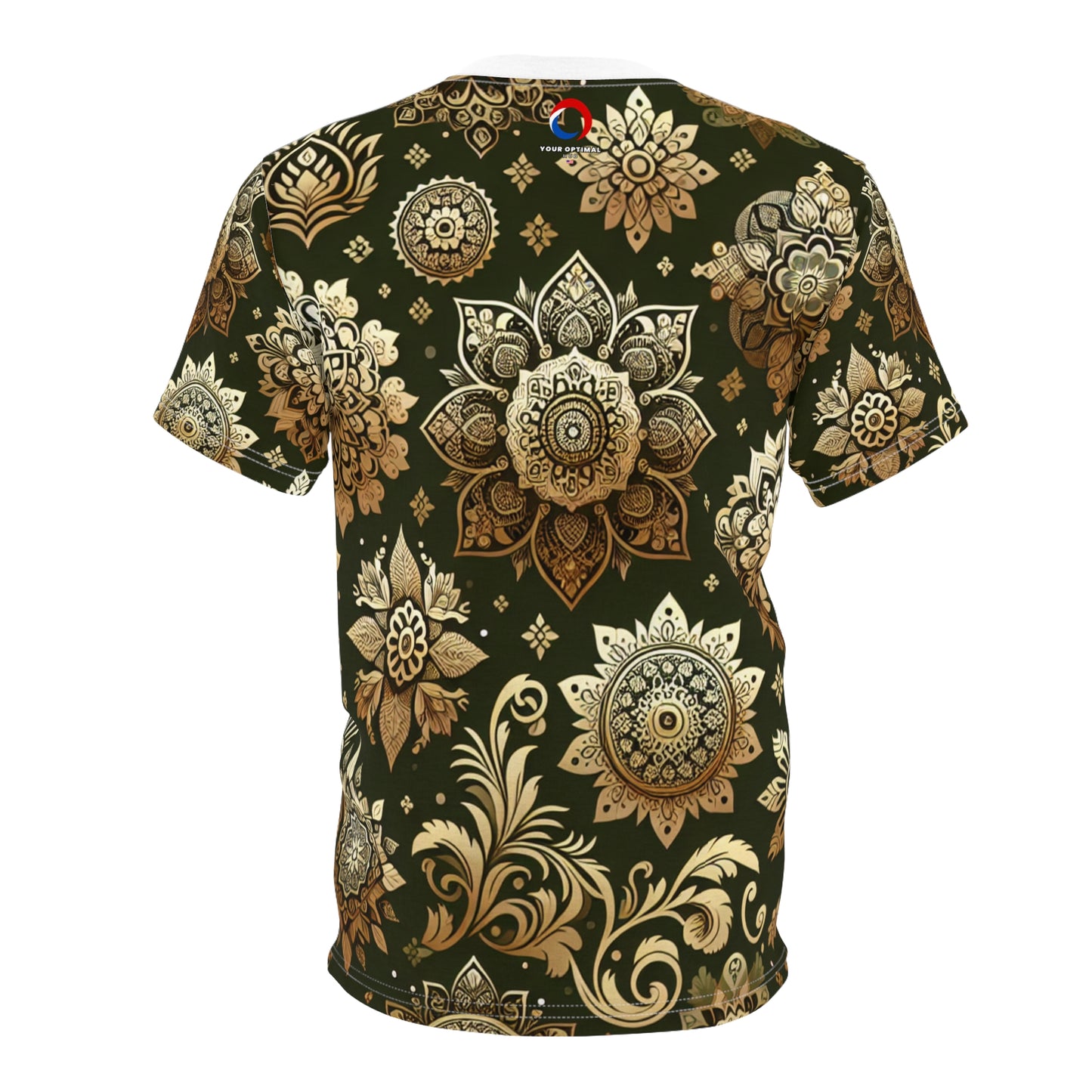 Gold Radiance Indian Motif T-Shirt: Seamless Traditional Pattern with Floral and Geometric Designs on Emerald Green - Traditional Indian Motifs Tee