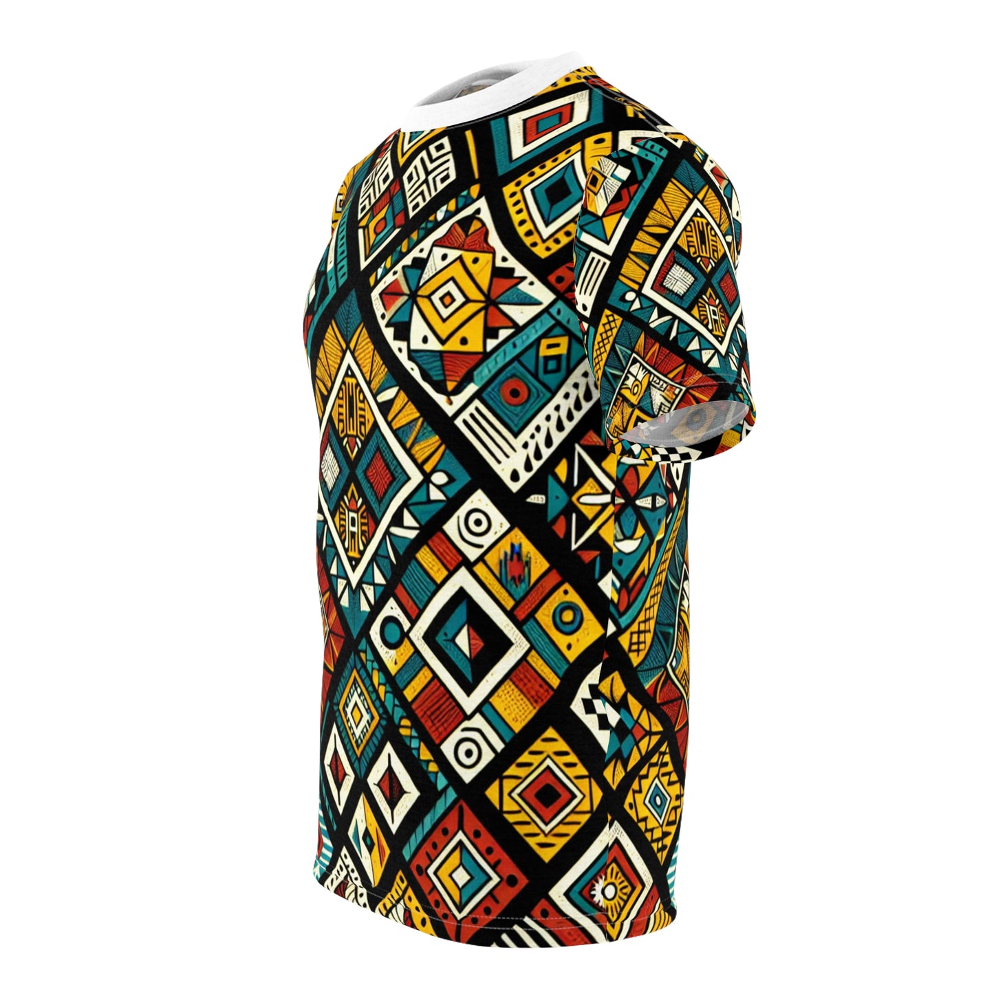 Vibrant African Storytelling Geometric Diamond Tribal Pattern T-shirt in Bold Colors - African Tribal Pattern-Inspired Tee