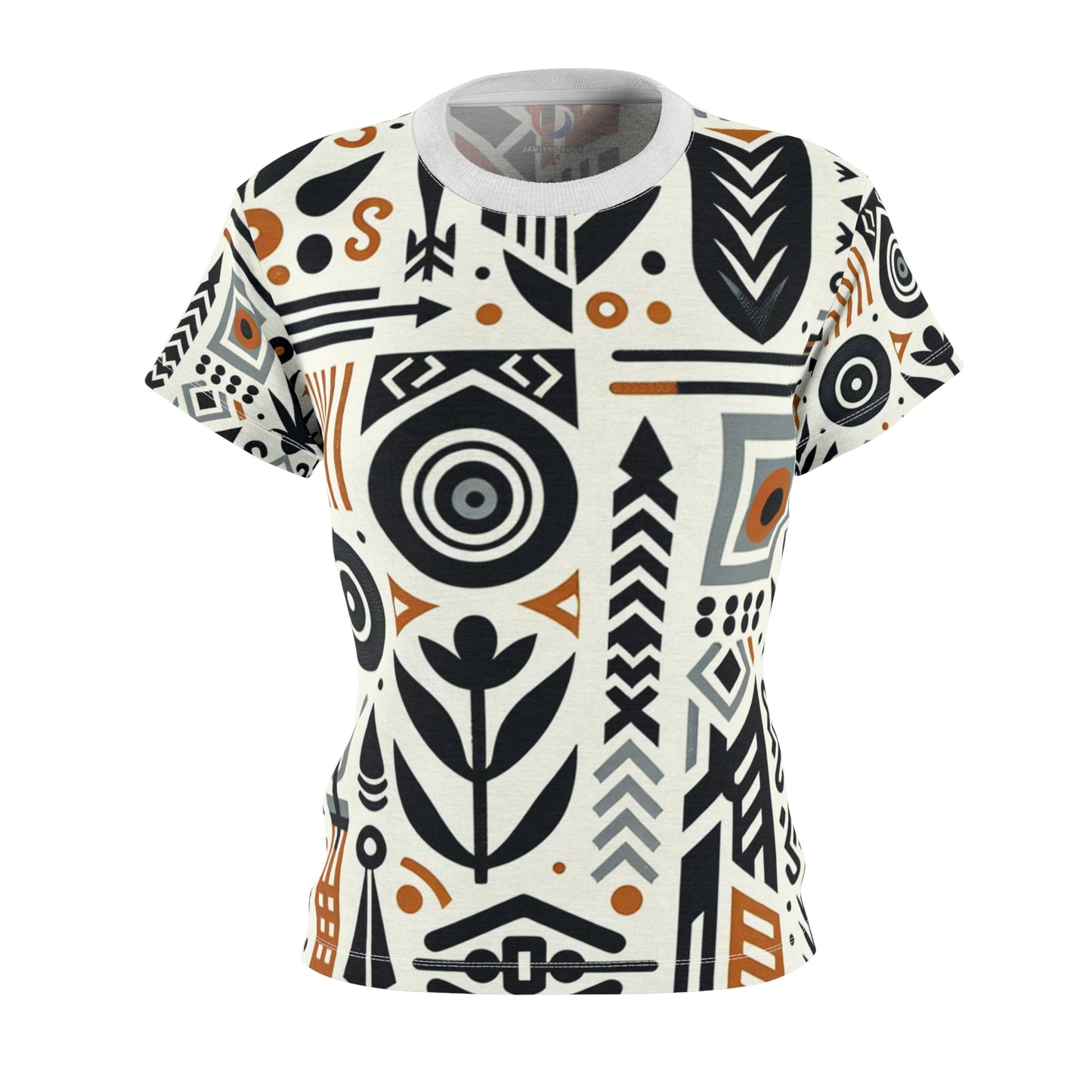 Modern Afro-Graphic Women's Tee: Monochrome & Orange Nature-Warfare Prints, Abstract Artistic Unity - African Tribal Pattern-Inspired