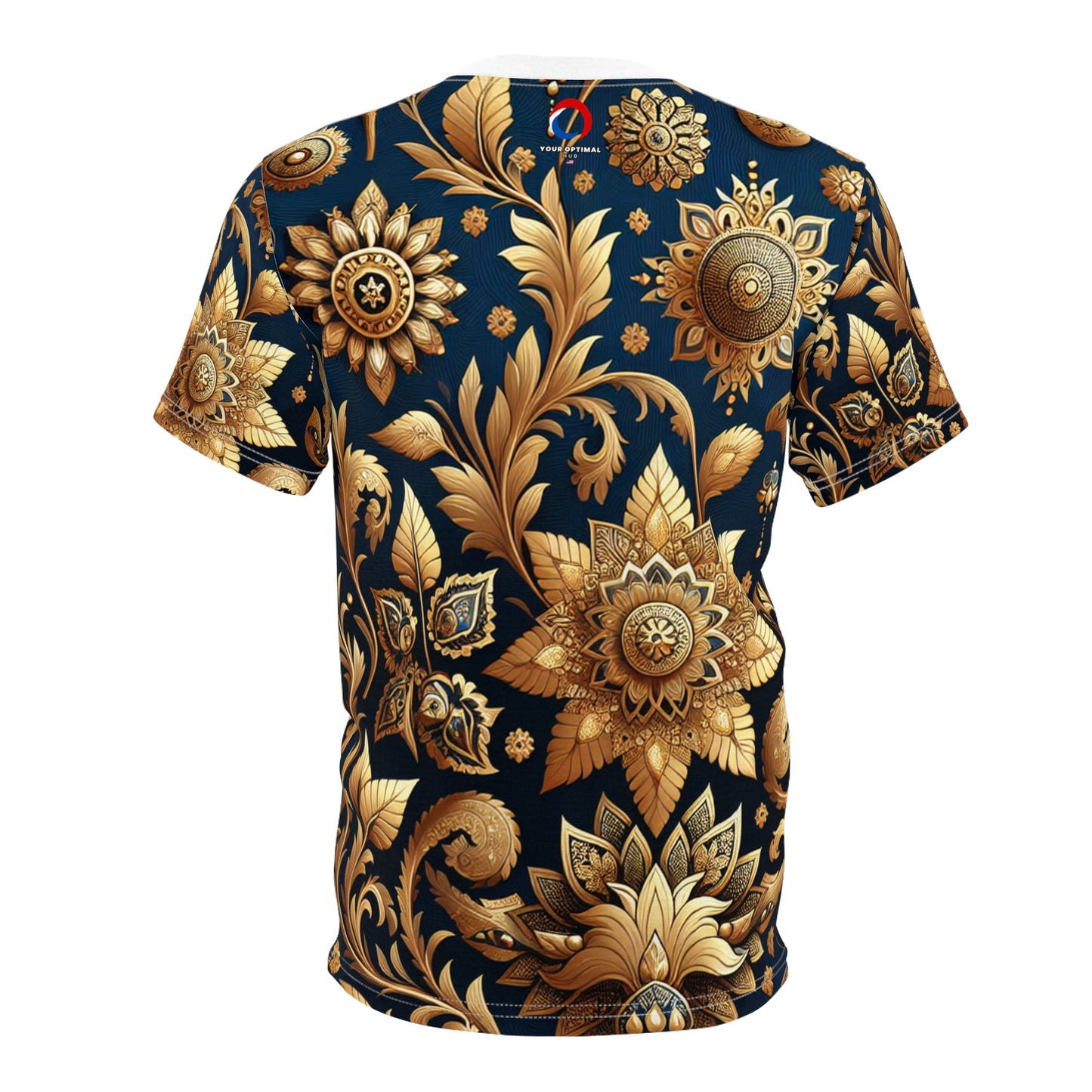 Golden Heritage - Traditional Indian Motif Patterned T-shirt: Seamless Intricate Design, Floral & Geometric Shapes, Rich Gold on Cool Blue