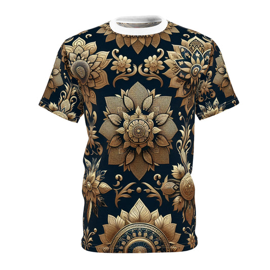 Indian Heritage Tapestry - Seamless Blue & Gold T-shirt with Traditional Motifs, Floral & Geometric Patterns for Modern Décor - Traditional Indian Motifs Tee