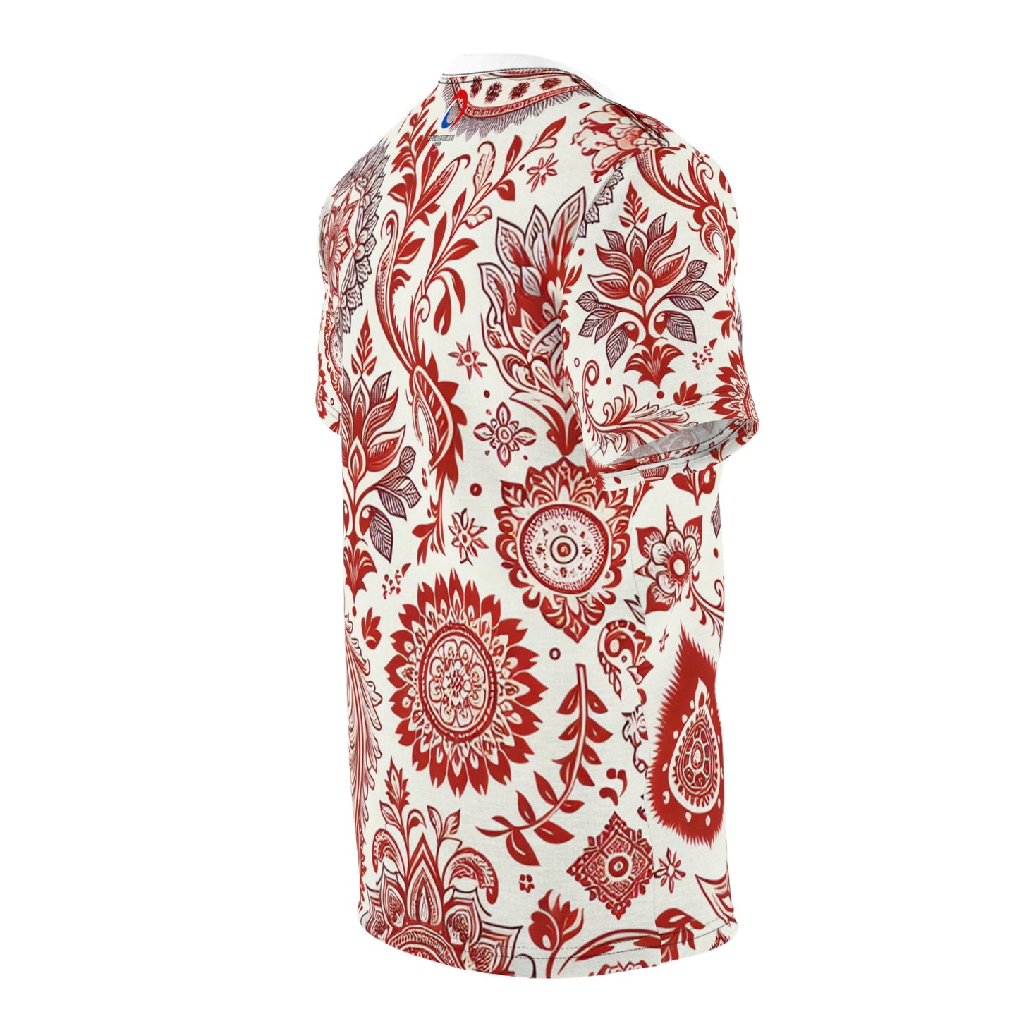 Classic Indian Motifs Scatter Pattern Premium Red-On-White T-Shirt: Seamless Design with Floral-Geometric Shapes - Traditional Indian Motifs Tee