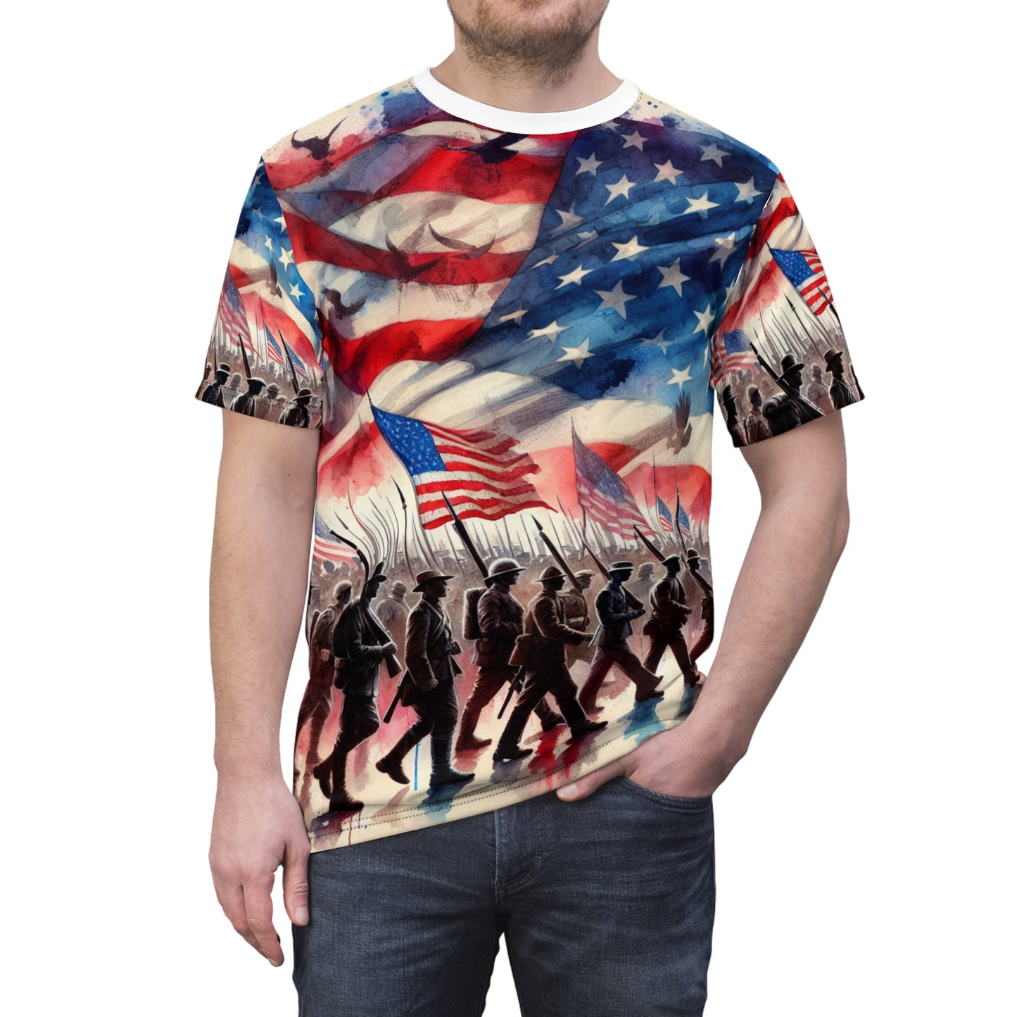 United We Stand: American Unity & Valor - Historical Soldier Silhouettes Watercolor Patriotic T-Shirt - Patriotic Streetwear Tee