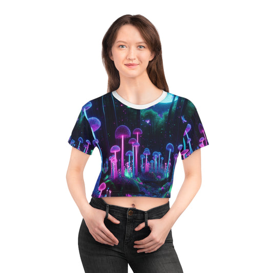 Magical Blacklight-reactive Crop Tee: Moonlit Forest and Neon Mushrooms, UV-glow Plant Life - Women's Blacklight-Reactive Tee