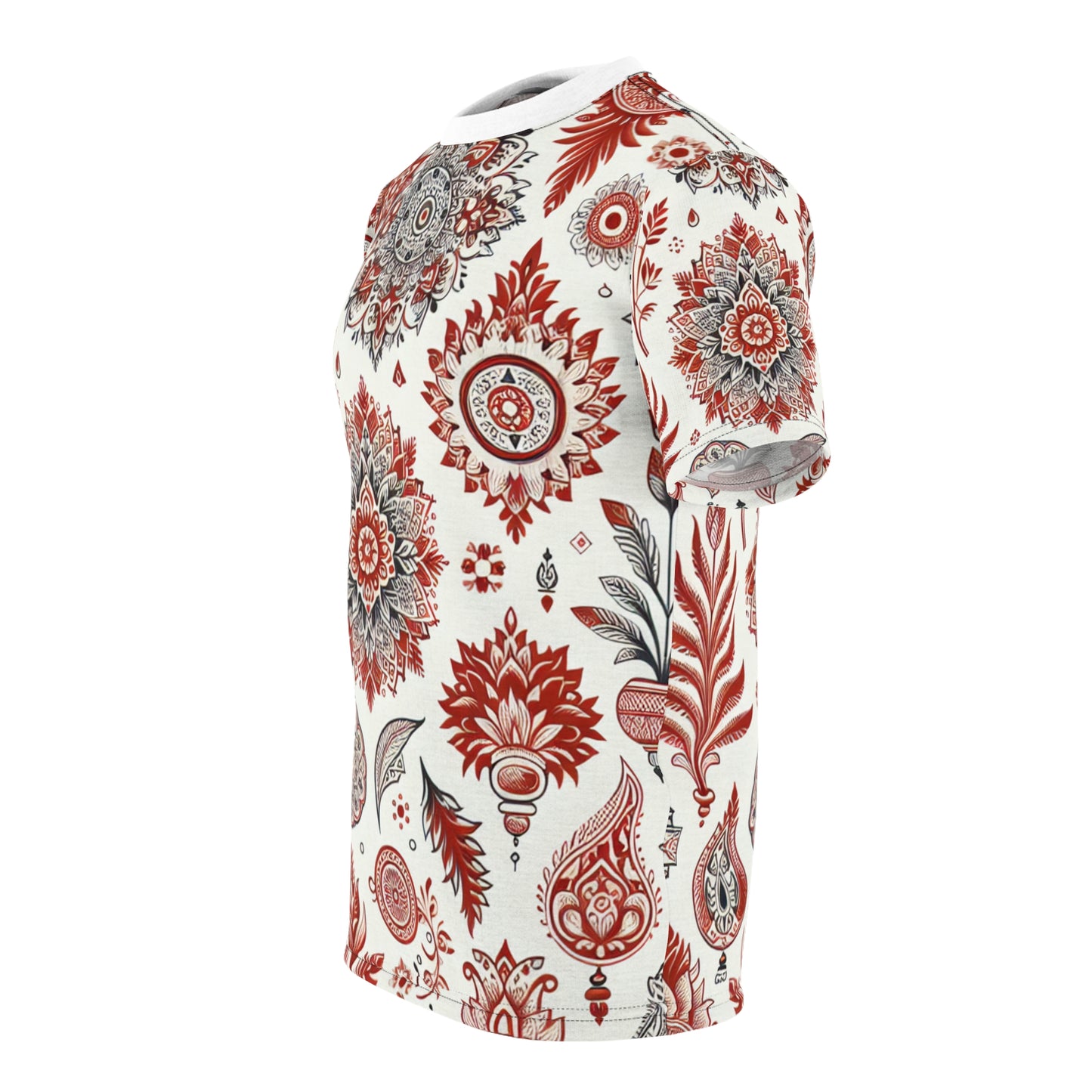 Traditional Indian Motif T-Shirt - Scattered Floral and Geometric Shapes in Primary Red on White - Rich Design Heritage Motifs Tee