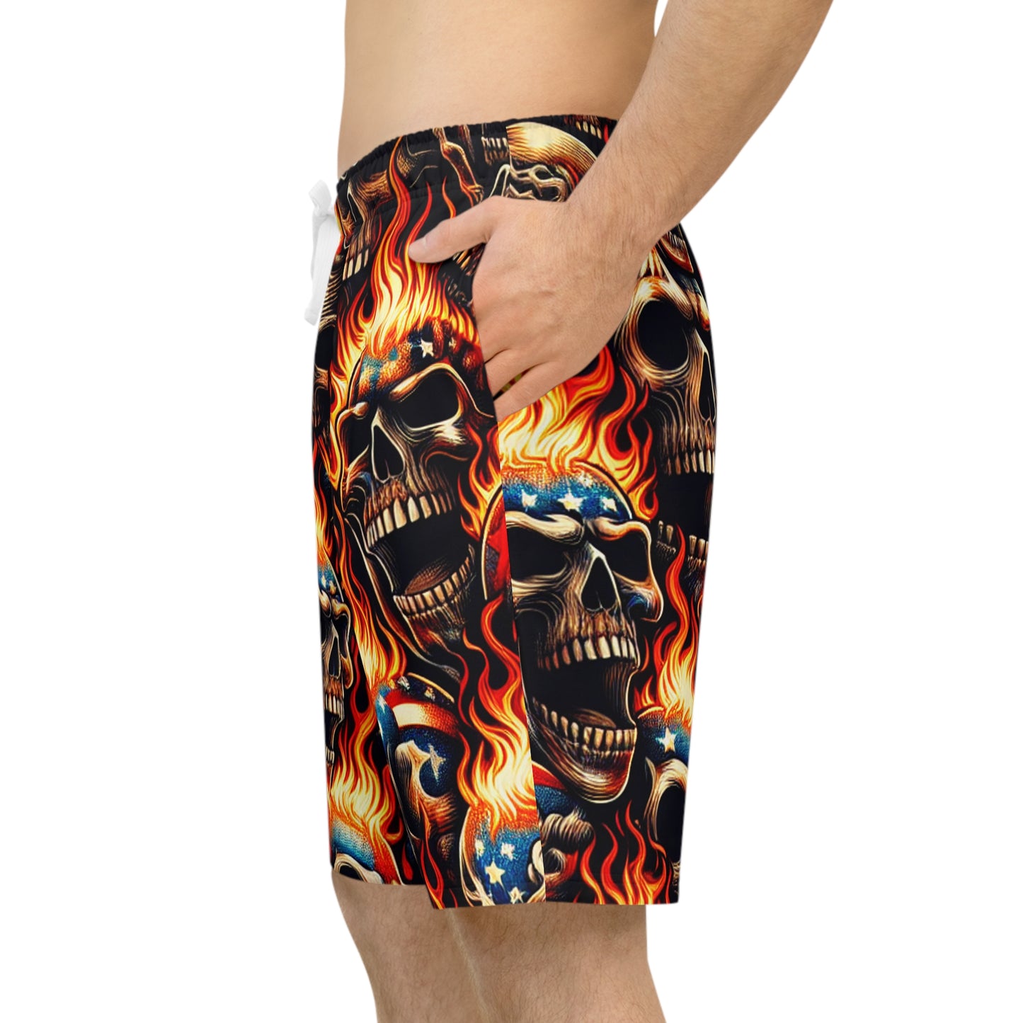 Blazing Patriotism - Skulls Aflame Inked Graphic Shorts - Patriotic Streetwear Shorts