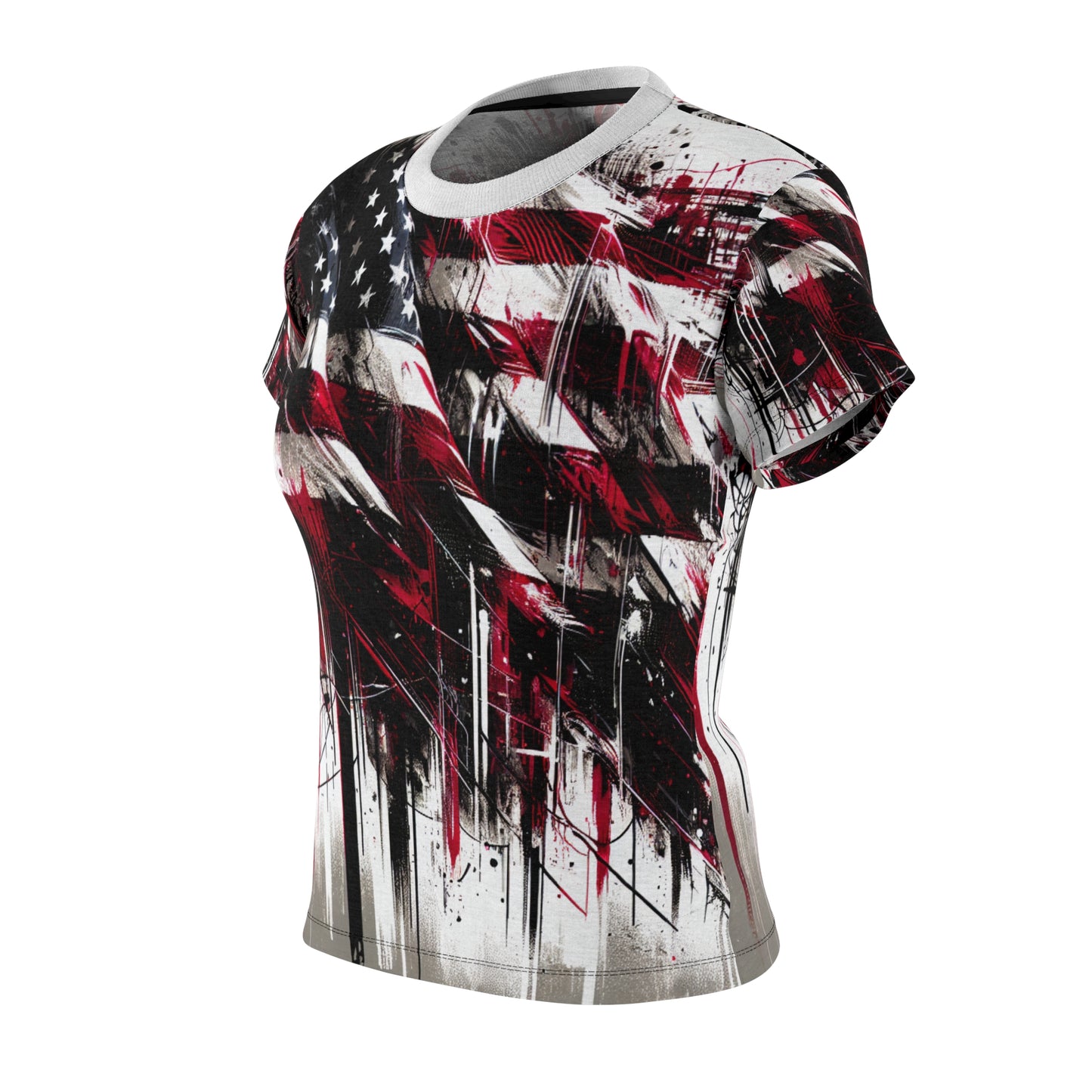 Distressed American Glory: Edgy Graffiti-Styled USA Flag Women's Tee for Bold Streetwear Fashionistas - Patriotic Streetwear