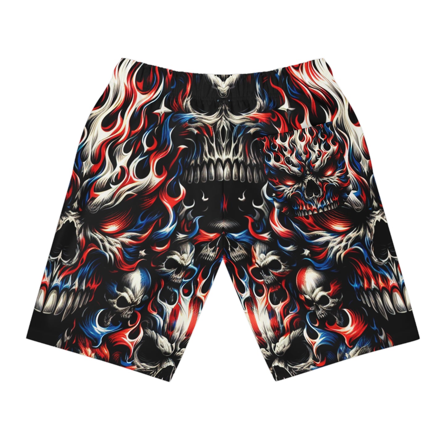 Patriotic Inferno: Skull Blaze Tattoo-Style Shorts - Patriotic Streetwear Shorts