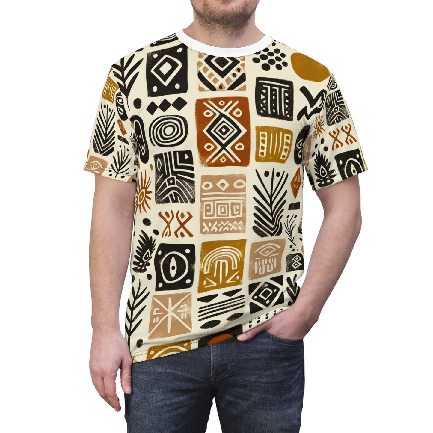 Hand-Stamped African Mud Cloth Inspired Tee, Organic Tribal Motif, Earthy-Tone Palette - African Tribal Pattern-Inspired