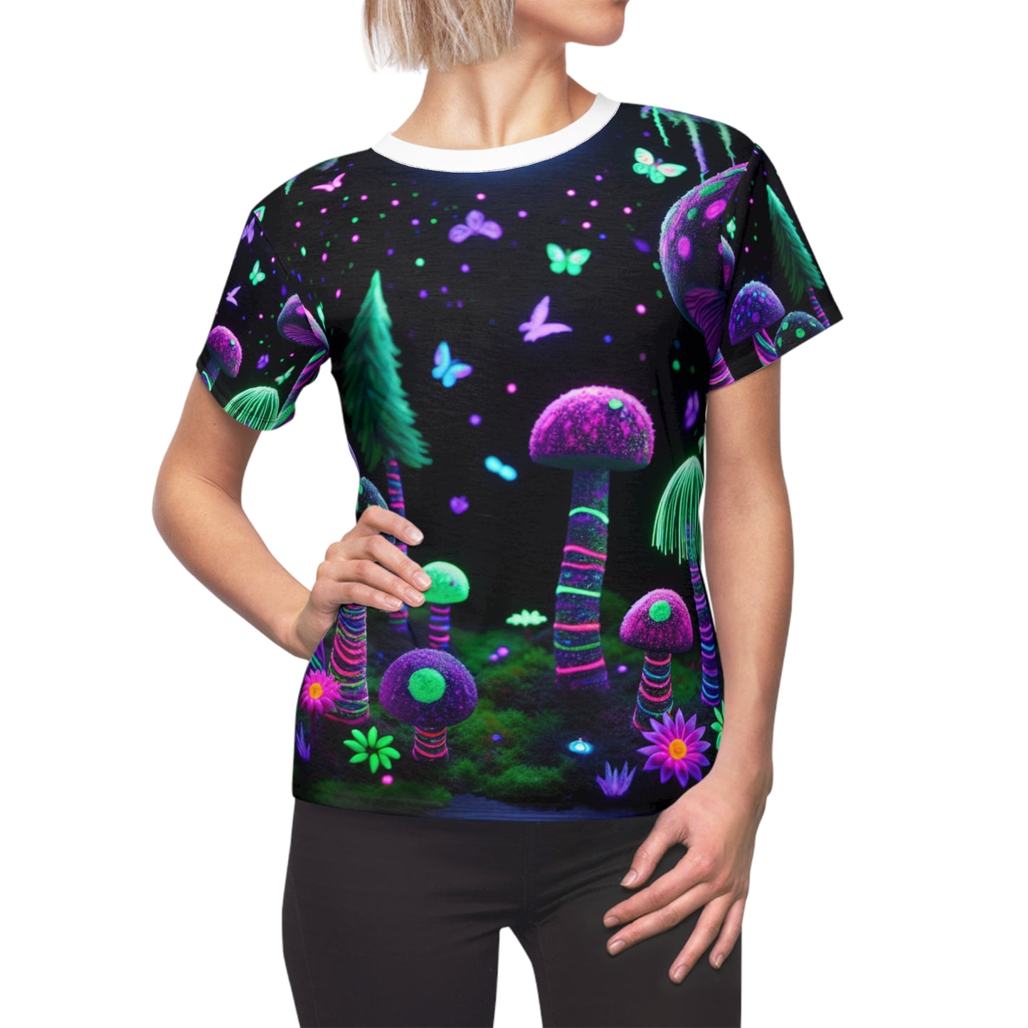 Fantastical Moonlit Forest T-Shirt - Blacklight Reactive - Neon Mushrooms, Glowing Flora, & Enchanted Fireflies - Women's Blacklight Tee