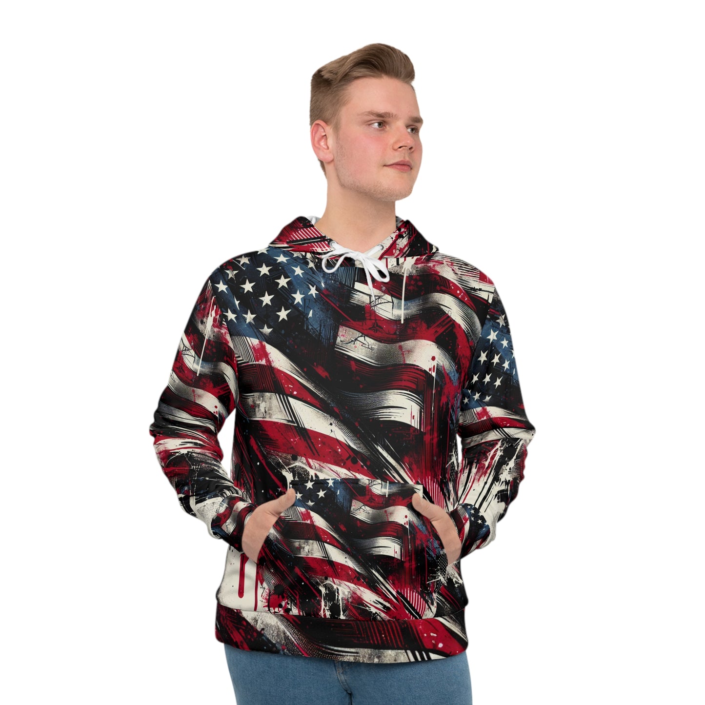 Grunge American Flag Streetwear Hoodie with Intense Graffiti Art - Weathered Stars and Stripes Splatter Design - Patriotic Streetwear