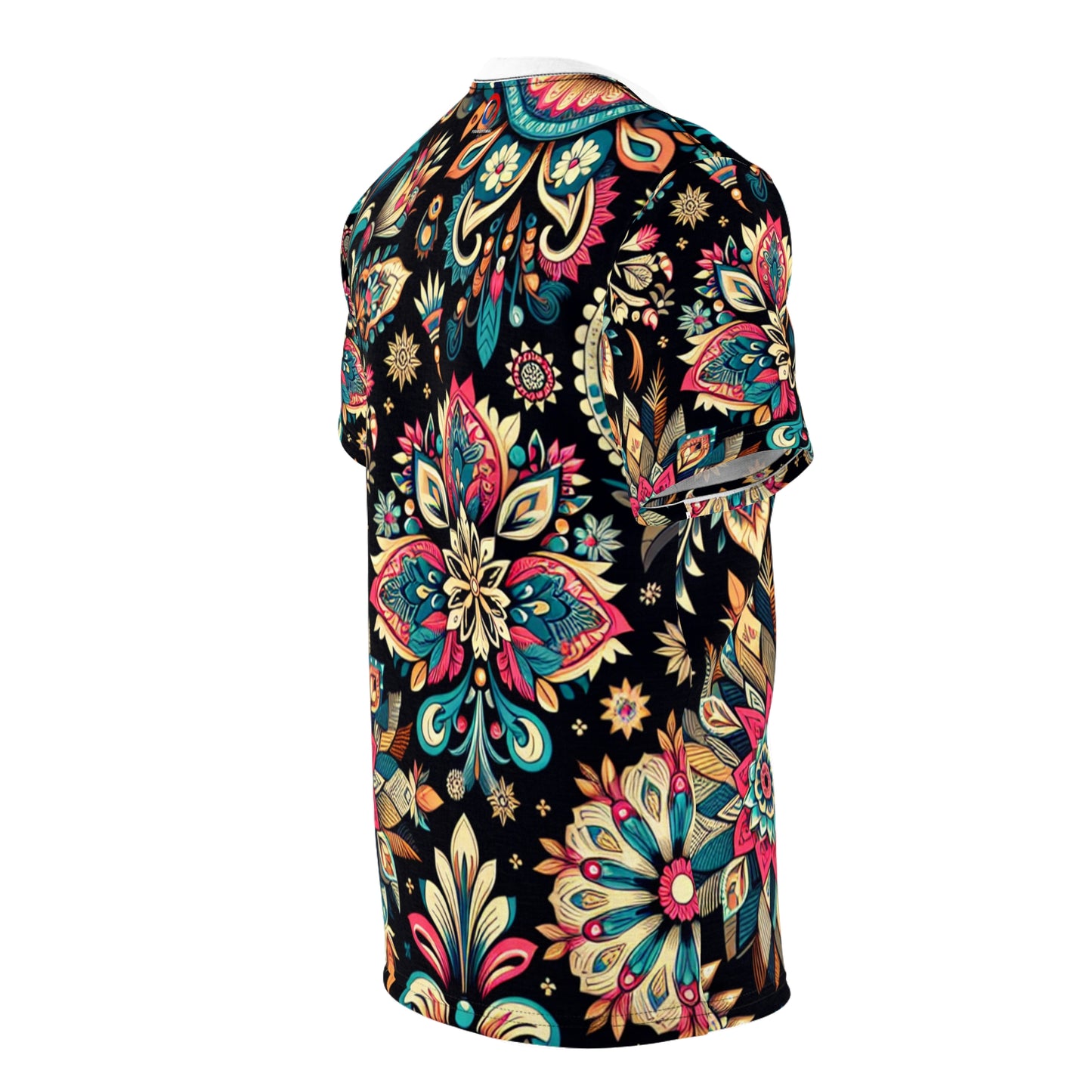 UV Reactive Boho-Chic T-Shirt with Intricate Neon Indian Motifs on Black Background - Scattered Geometric Floral Design
