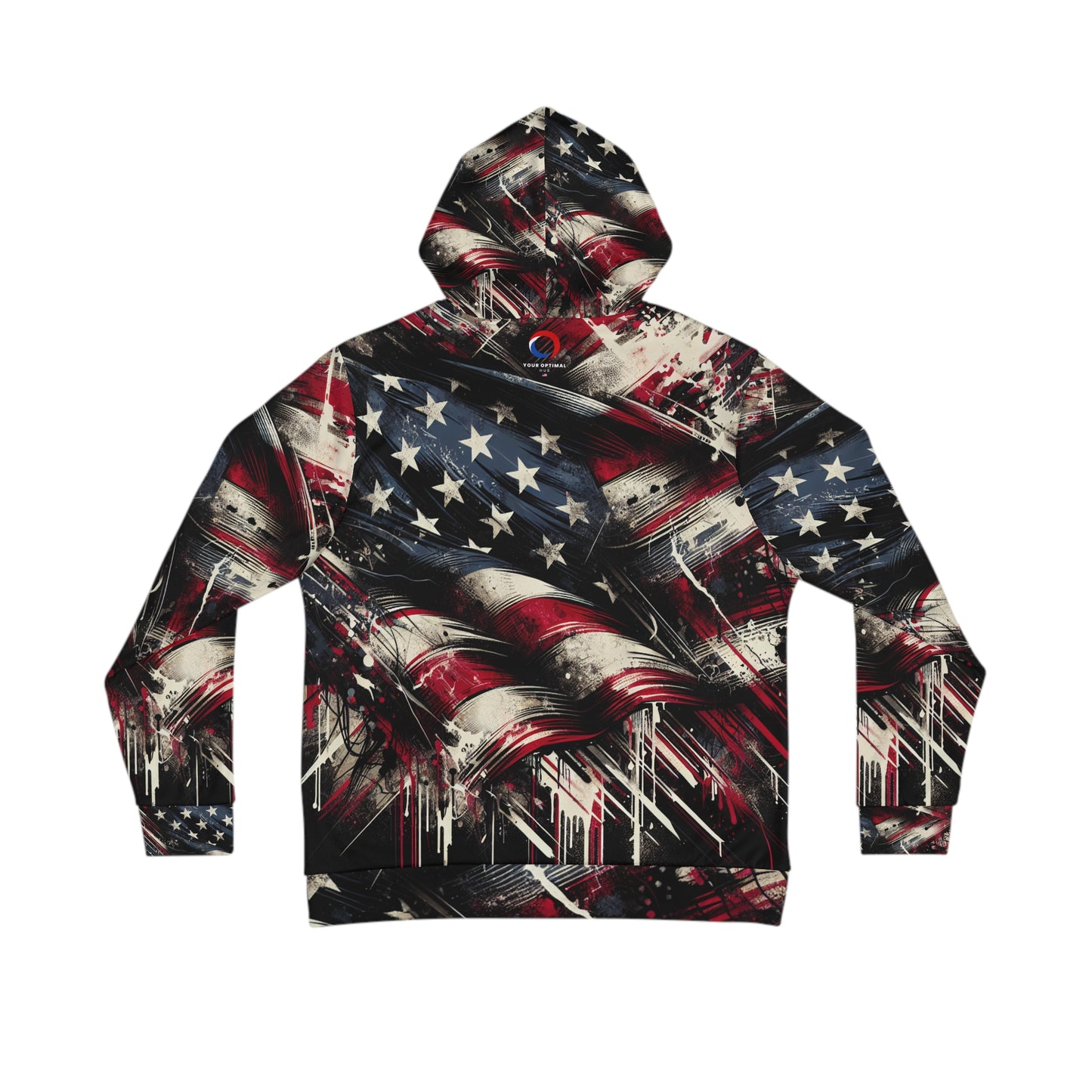 Intense Urban Patriotism: Grunge Streetwear Hoodie with Distressed Graffiti American Flag Artwork, Raw Energy Street Fashion