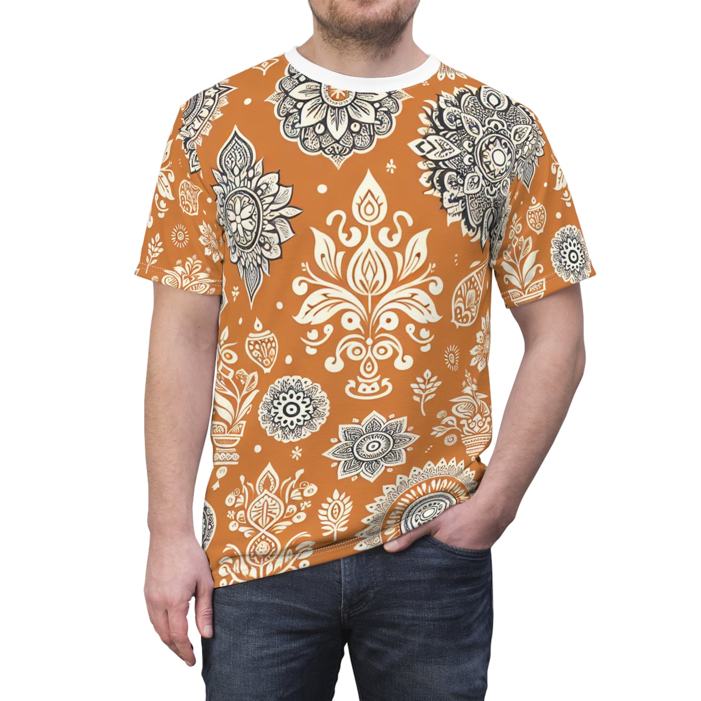 Traditional Indian Motif Print T-Shirt - Luxury Floral & Geometric Seamless Pattern - White on Orange - Modern Ethnic Décor Design Style
