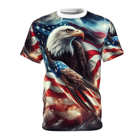 Patriotic American Pride: Majestic Bald Eagle on Vibrant USA Flag with Fireworks, Independence Day Heritage T-Shirt - Patriotic Streetwear Tee