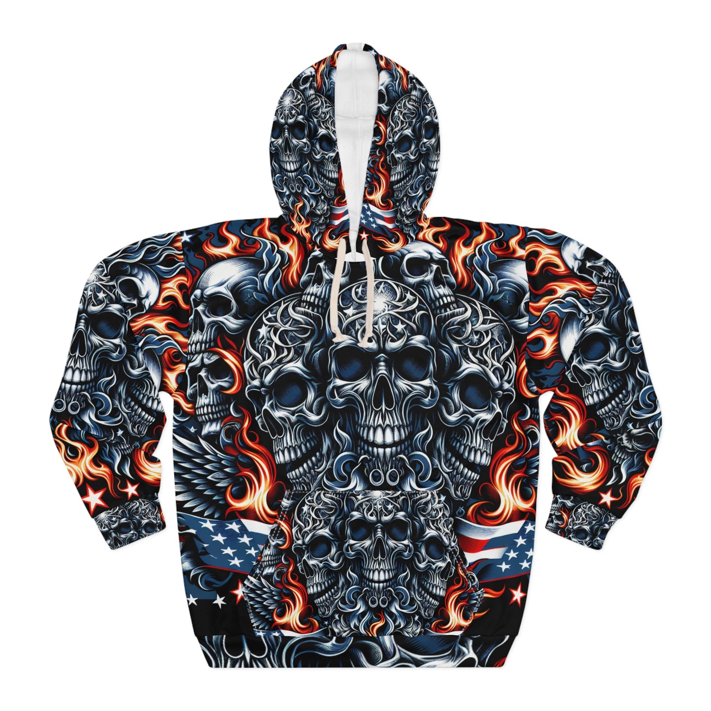 Inferno Patriot: Tattoo Artistry Hoodie Fused With Daring Skull Emblem & American Pride - Patriotic Streetwear Hoodie