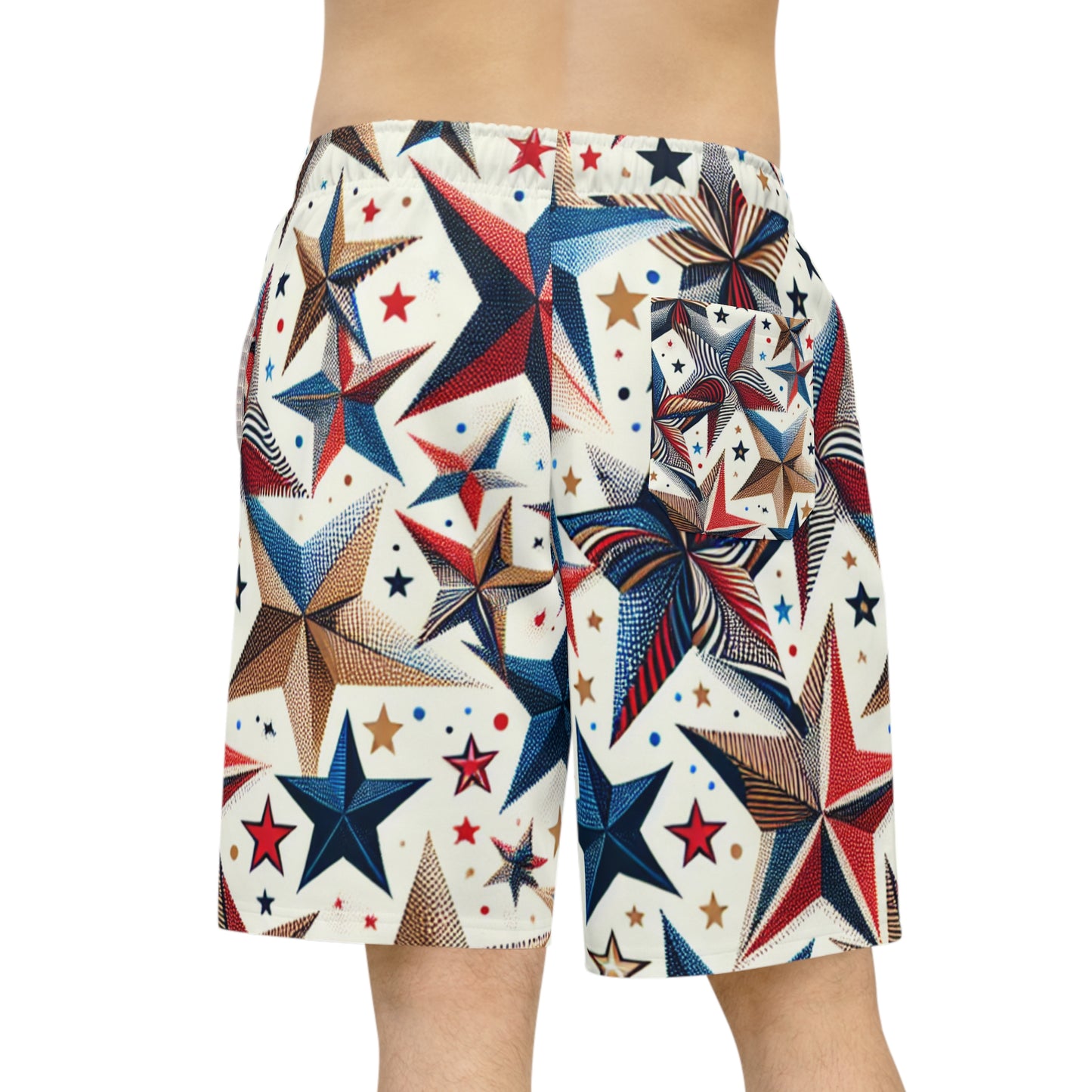 Patriotic Festive Star Pattern Shorts - Independence Day Joyful, Red Blue & Gold, For Celebrations - Patriotic Streetwear Shorts