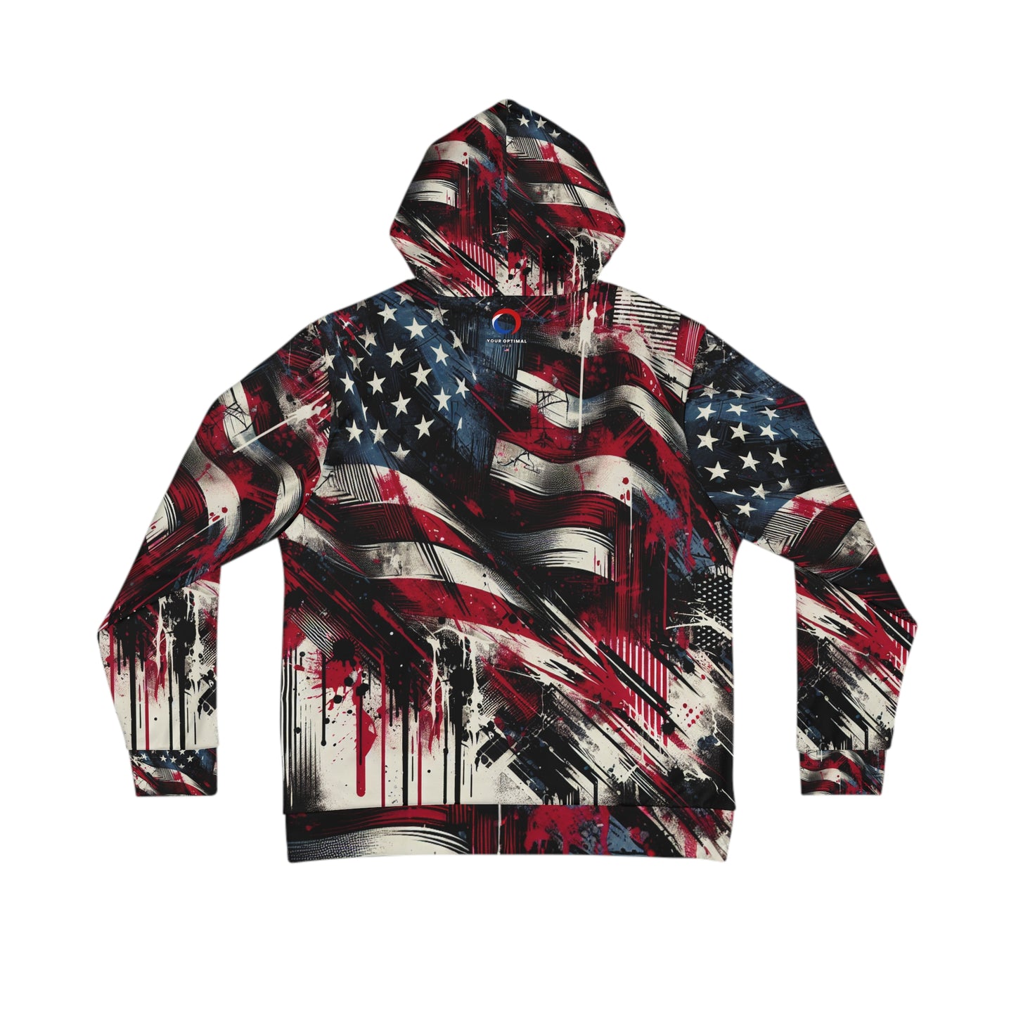 Grunge American Flag Streetwear Hoodie with Intense Graffiti Art - Weathered Stars and Stripes Splatter Design - Patriotic Streetwear