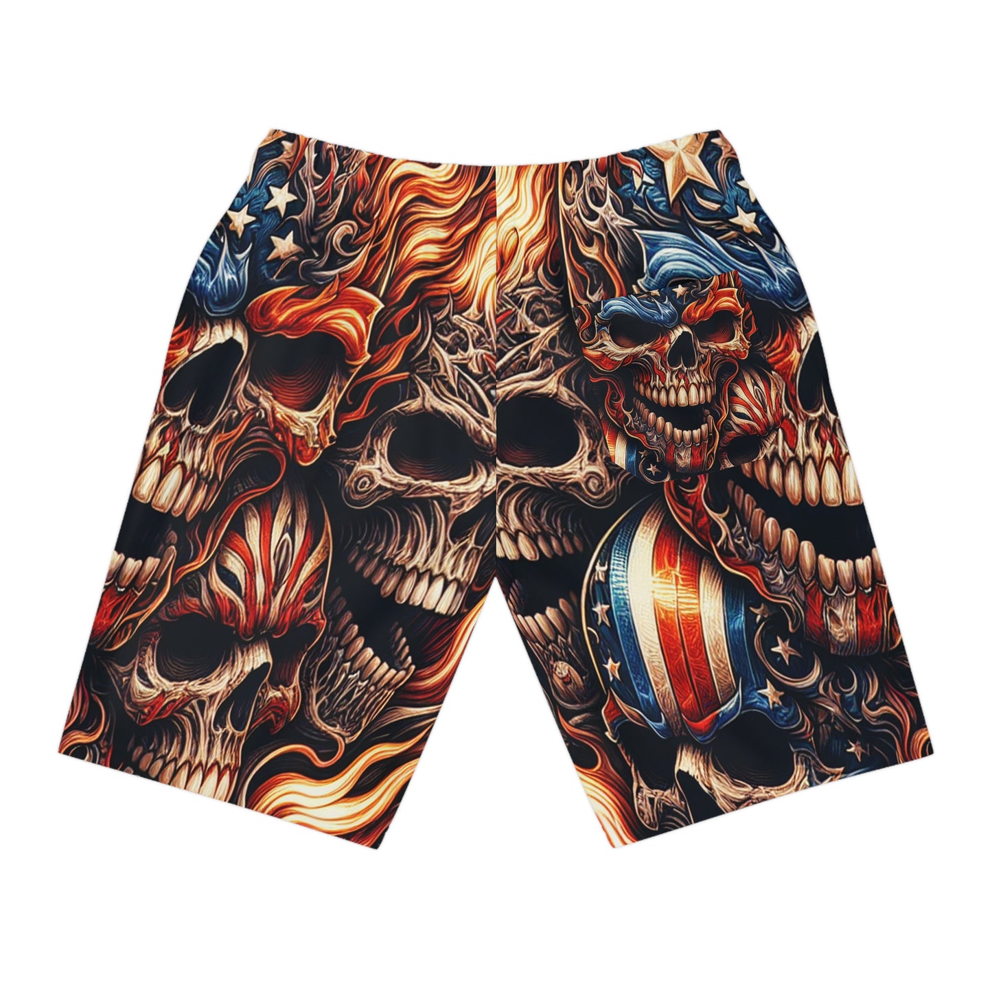 Blazing Patriot Inferno: Skull-Fire Tattoo Hybrid Shorts - Patriotic Streetwear Shorts