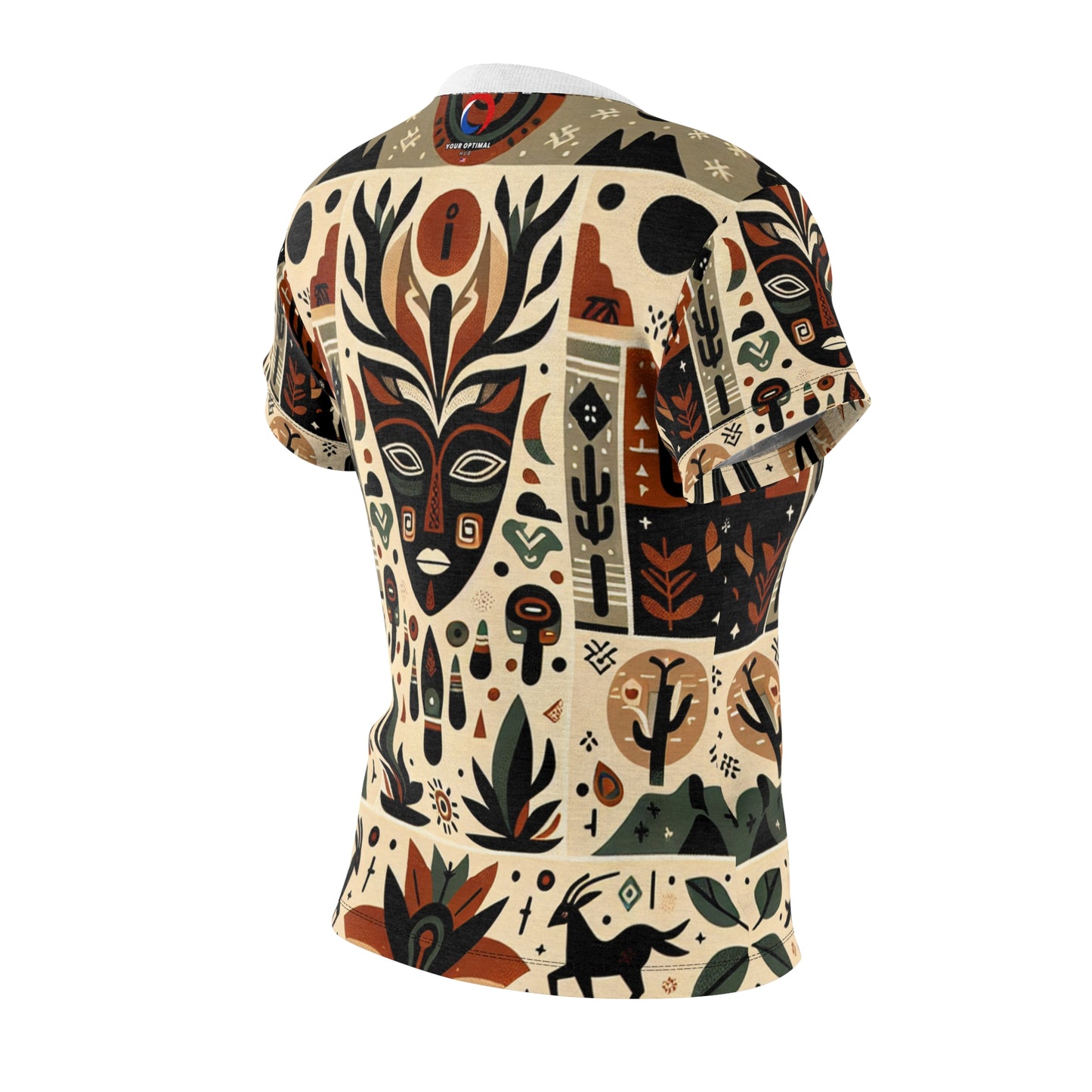 African & Southwestern Fusion Women's T-Shirt: Mythic Totem Design, Geometric Fauna & Flora Motifs - African Tribal Pattern-Inspired