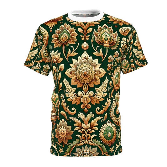 Indian Heritage Motif Tee: Intricate Floral & Geometric Patterns on Gold and Green Background - Modern Design Inspired Seamless T-shirt