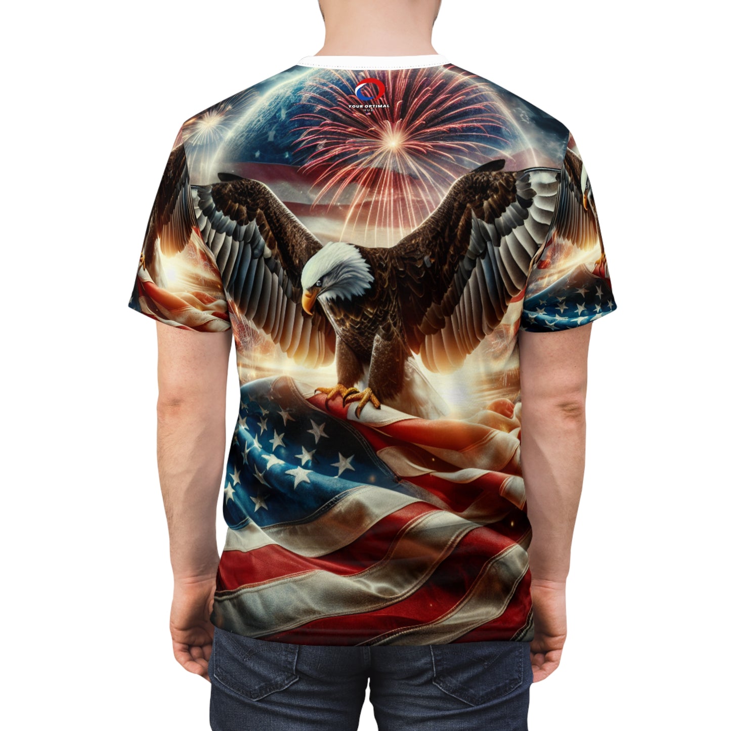 Pride & Freedom: Majestic American Bald Eagle & Flag Patriotic T-Shirt with Vibrant Fireworks Display - Independence Day Heritage Celebration Wear - Patriotic Streetwear Tee