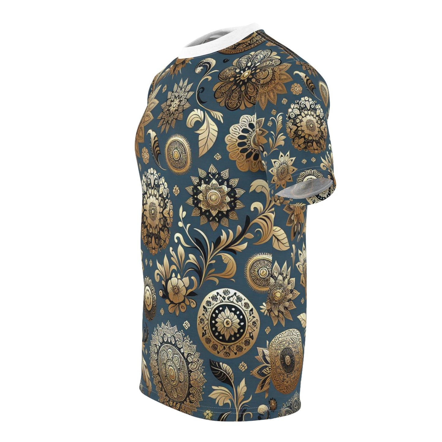 Exquisite Gold-and-Blue Indian Heritage Motif Pattern T-Shirt - Seamless Traditional Design - Rich Floral & Geometric Elements - Modern Minimal Aesthetic - Traditional Indian Motifs Tee