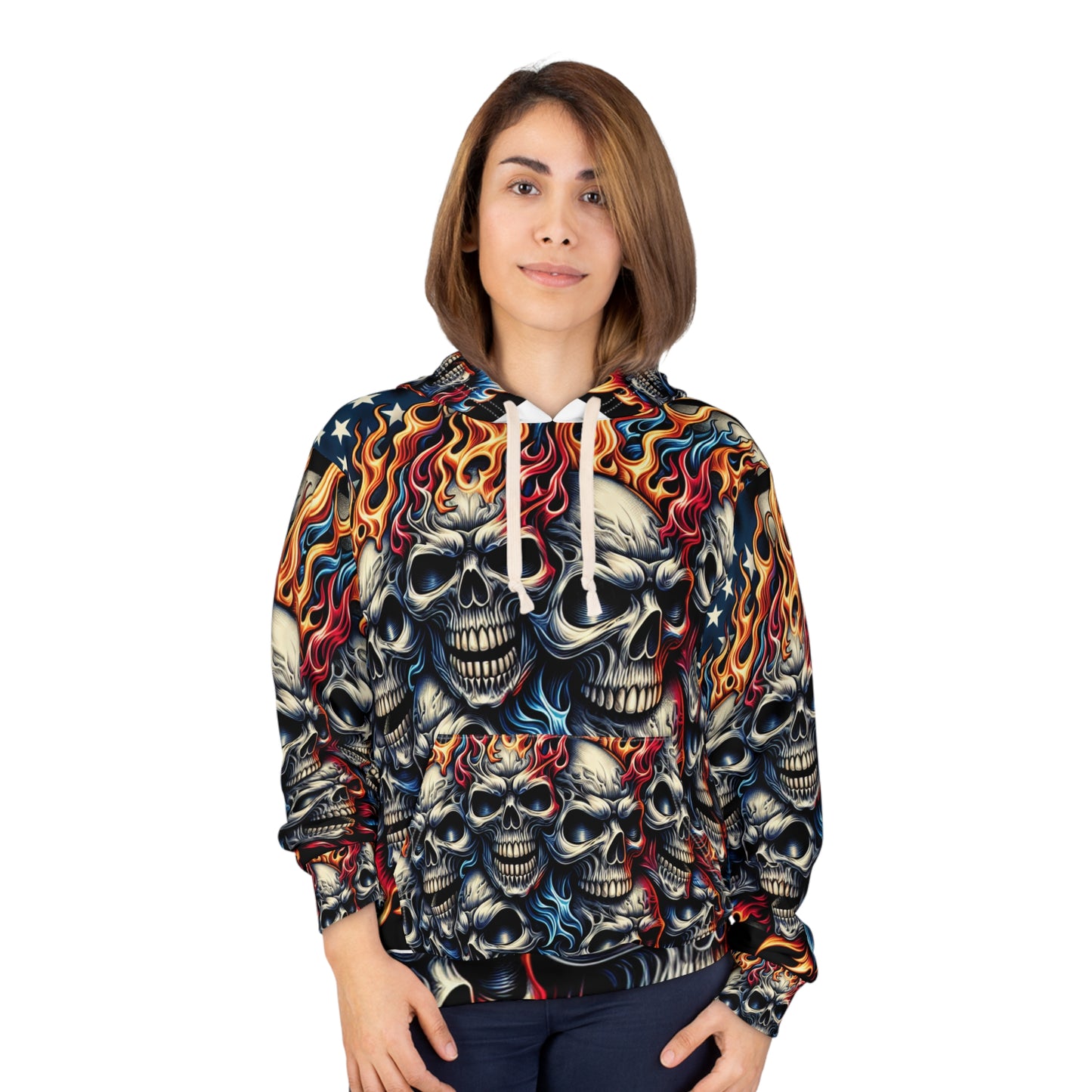 Menacing Blaze: Enflamed Skulls on Patriotic Ground Hoodie - Patriotic Streetwear Hoodie