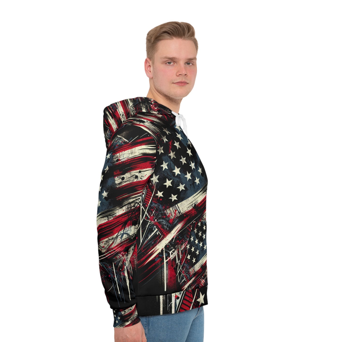 Urban Grunge American Flag Graphic Hoodie - Edgy Streetwear Style, Graffiti-Inspired Distressed Flag Design with Bold Splatter Effects