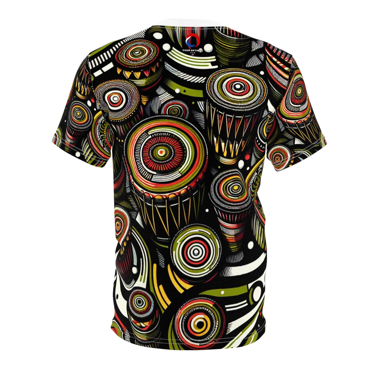 African Drum Dance Vibrant T-Shirt - Bold Kaleidoscope Pattern in Black, Red and Lime Green - African Tribal Pattern-Inspired Tee