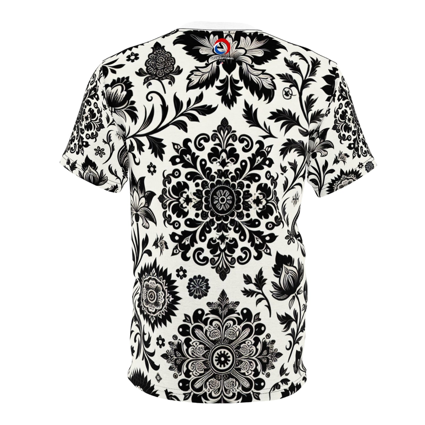 Classic Indian Motifs Collection: Premium White and Black T-Shirt with Scattered Floral & Geometric Designs - Traditional Indian Motifs Tee