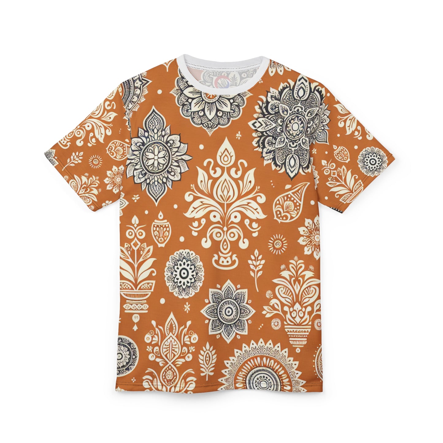 Traditional Indian Motif Print T-Shirt - Luxury Floral & Geometric Seamless Pattern - White on Orange - Modern Ethnic Décor Design Style