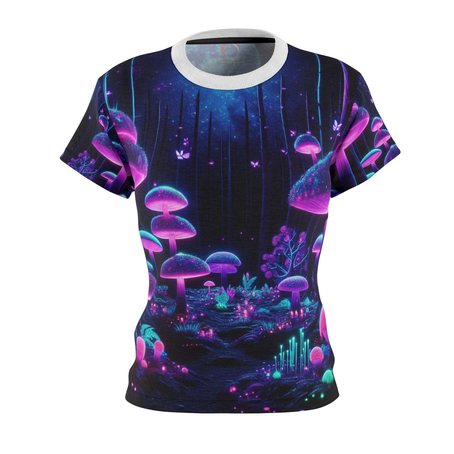 Psychedelic Forest Glow: Women's Blacklight-Responsive Tee, Vibrant Neon Mushroom & Bioluminescent Starry Night - Women's Blacklight T-shirt