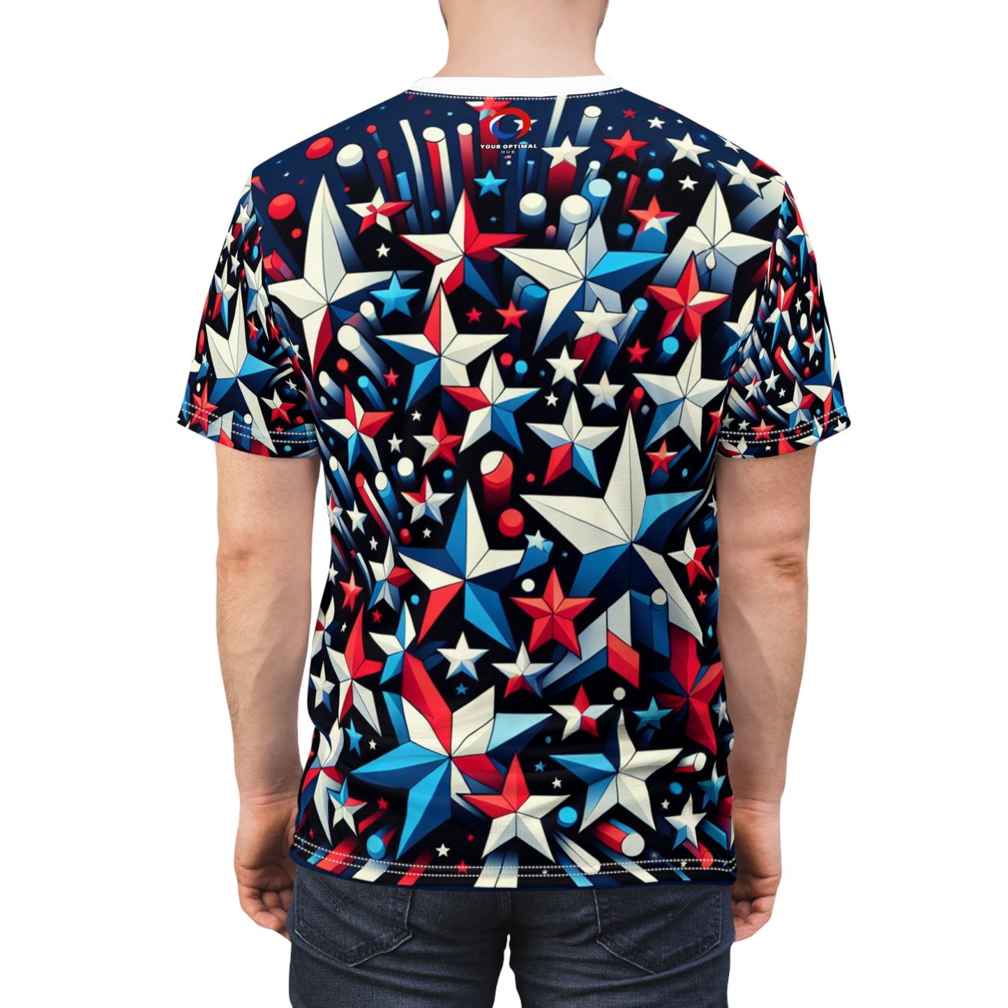 3D Star-Spangled Spectacle Tee – Vibrant Red, White, & Blue Stars on Navy Background – Patriotic & Festive Apparel - American Streetwear