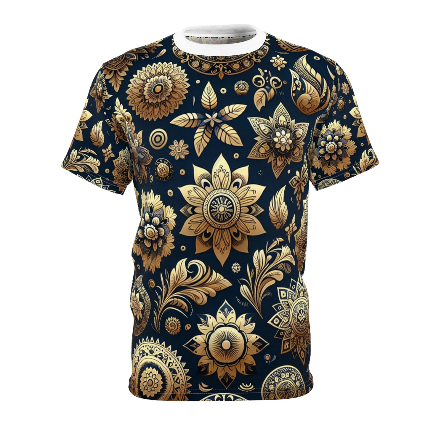 Gold Reflections: Traditional Indian Motif Seamless Pattern T-Shirt - Intricate Floral & Geometric Shapes on Blue Backdrop - Elegance of Rich Indian Motifs