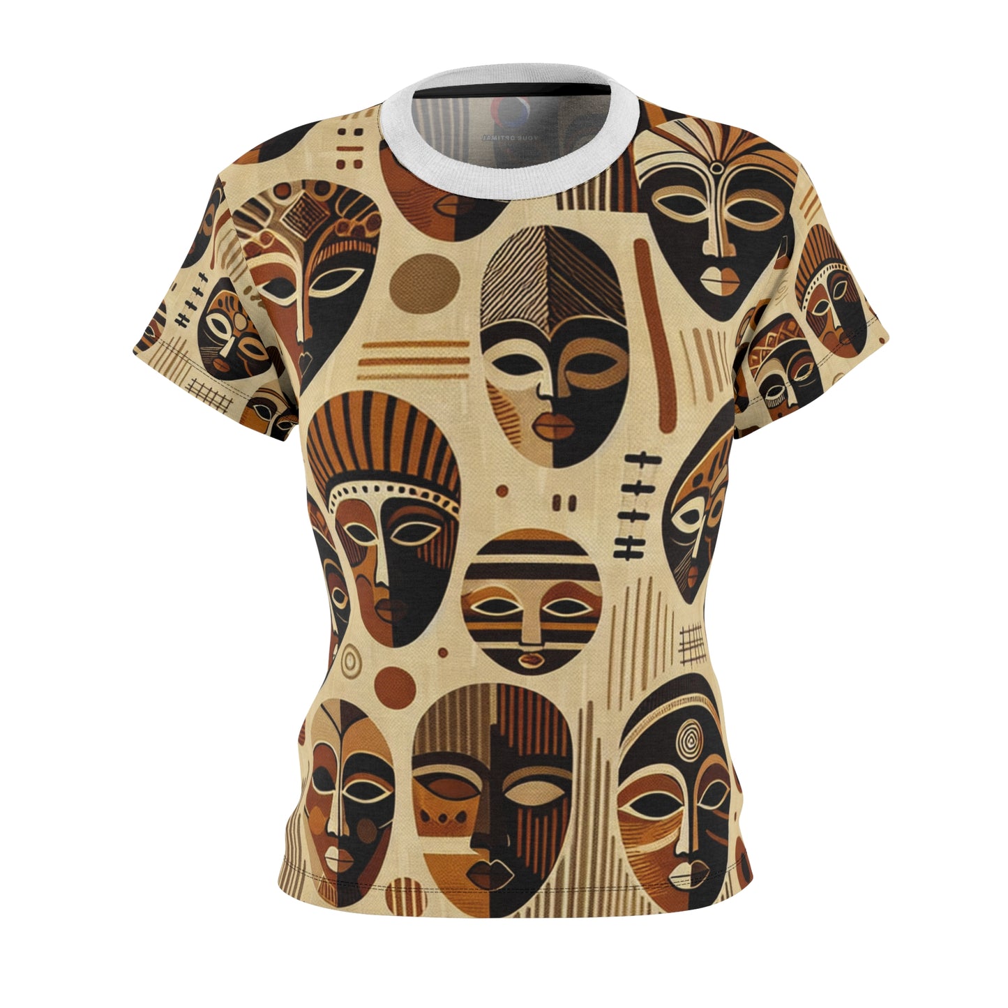 Elegant African Heritage Women's T-Shirt - Sophisticated Monochrome Mask Tapestry with Vivid Orange Accents - African Tribal Pattern-Inspired