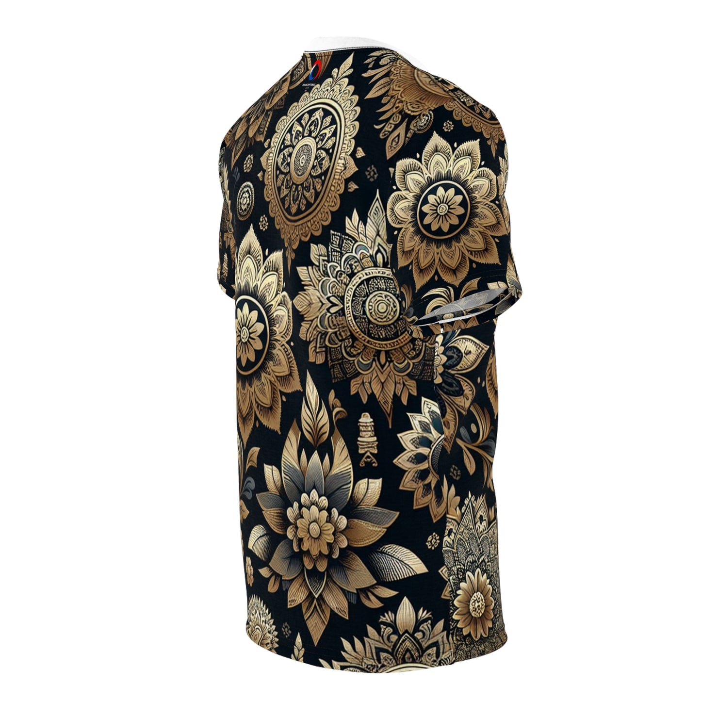 Gold on Black Indian Pattern Tee – Reflective Floral & Geometric Motif Design Shirt