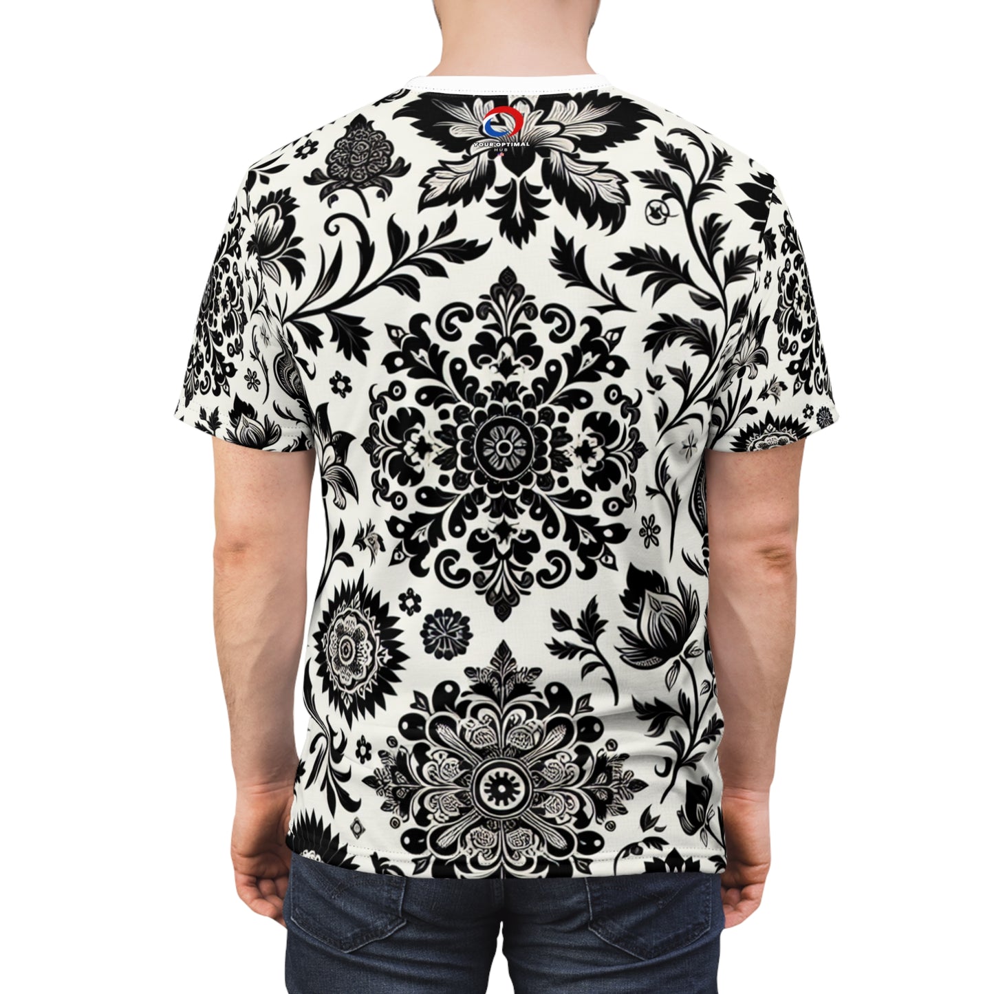 Classic Indian Motifs Collection: Premium White and Black T-Shirt with Scattered Floral & Geometric Designs - Traditional Indian Motifs Tee