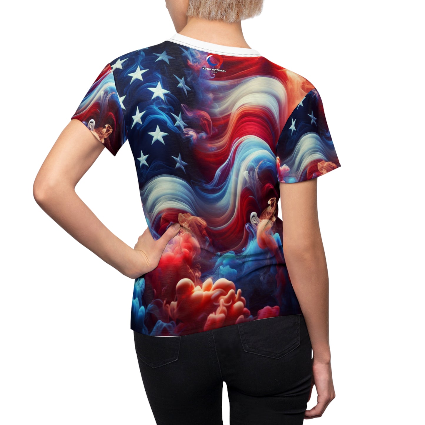 Mystical American Flag Women's T-Shirt: Surreal Stars & Stripes with Flowing Color Smoke - Patriotic Streetwear Tee