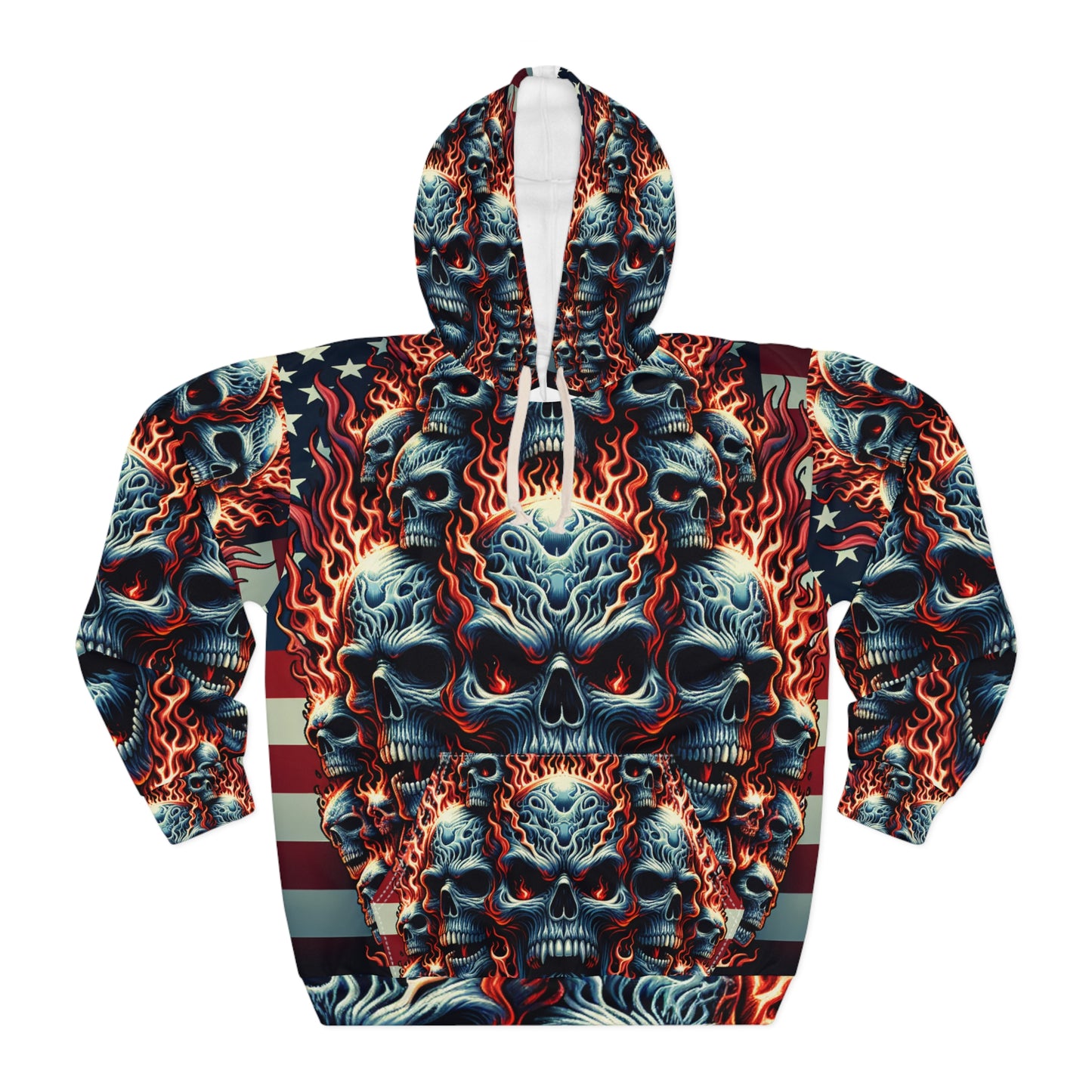 Inferno Patriot: Skull Euphoria Tattoo-Style Hoodie - Patriotic Streetwear Hoodie